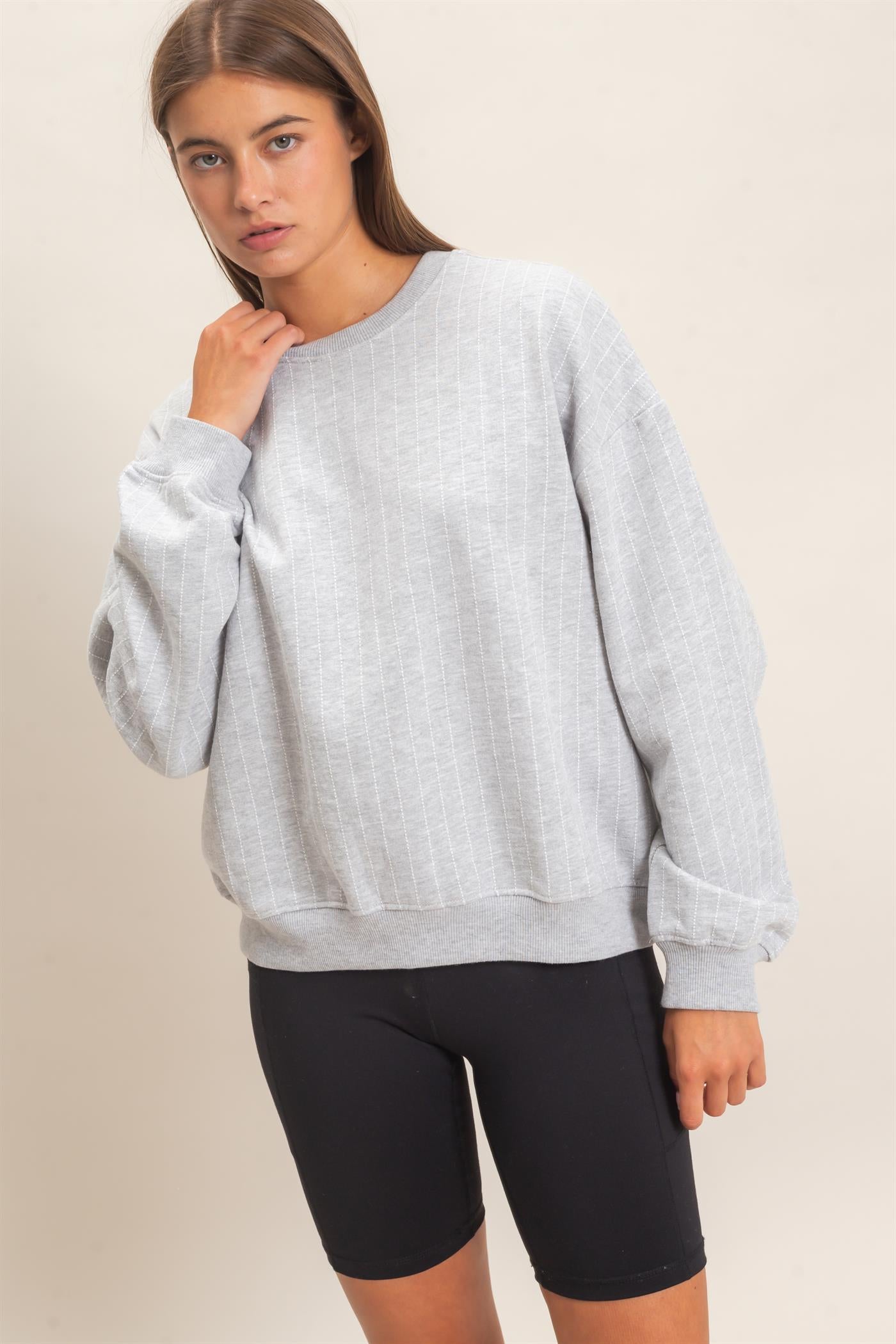 Wholesale Pinstripe Crew Neck Sweatshirt Sweatshirts DZ26E627 HEATHER GRAY DOUBLE ZERO