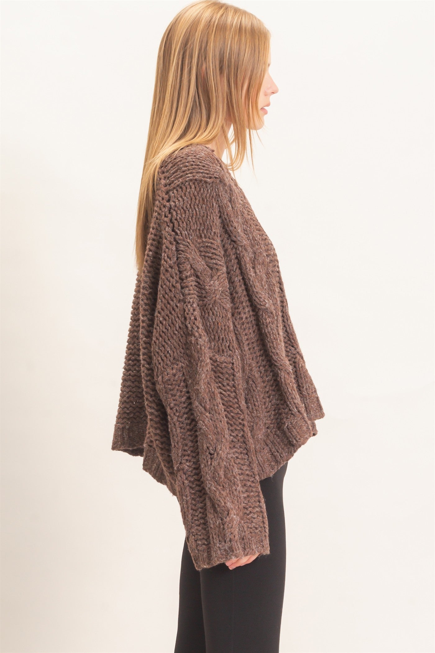 Wholesale Cable Knit V-Neck Sweater Sweaters HF26F175-D BROWN HYFVE