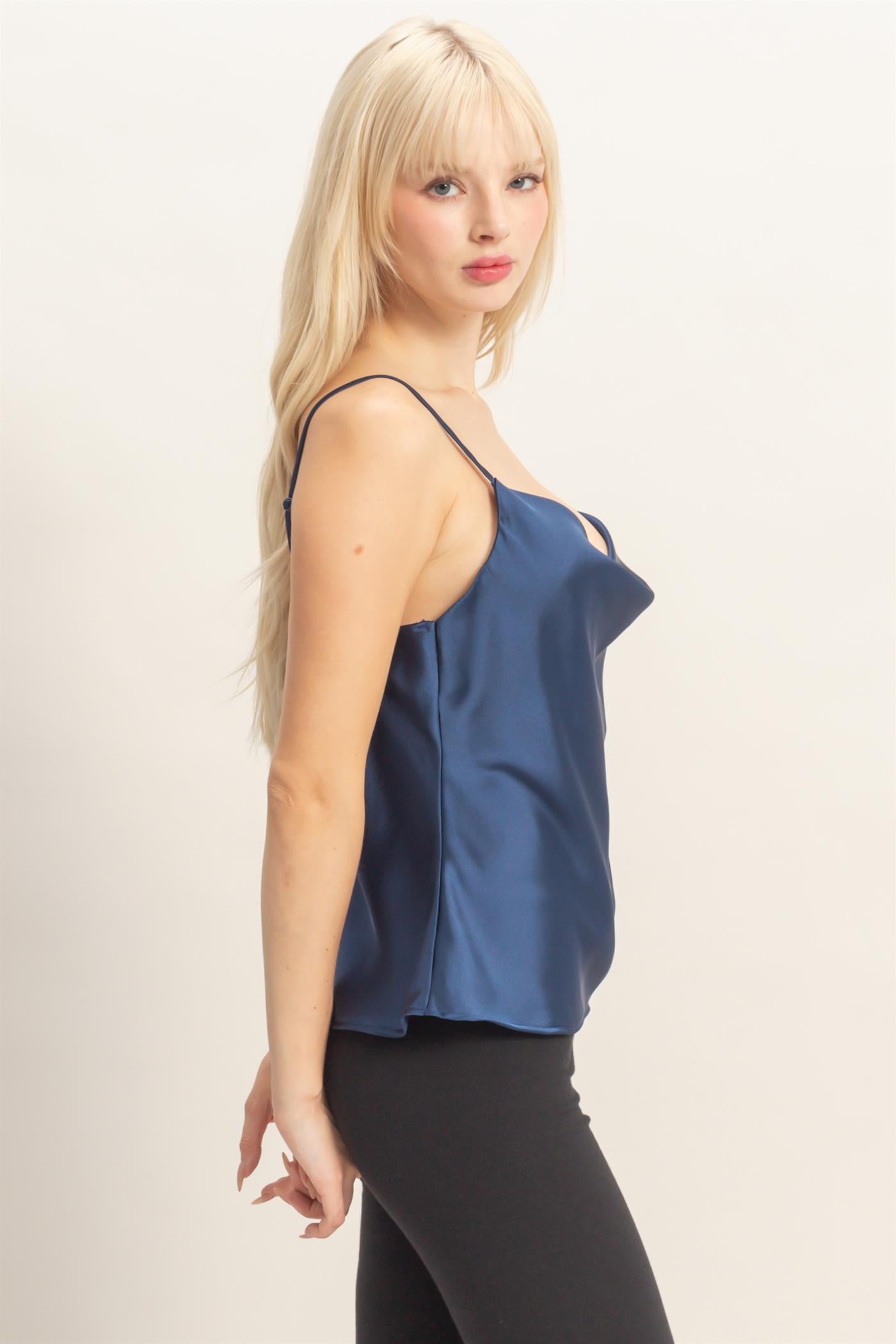Wholesale Cowl Neck Satin Cami Top Clothing Tops DZ26A277 NAVY DOUBLE ZERO