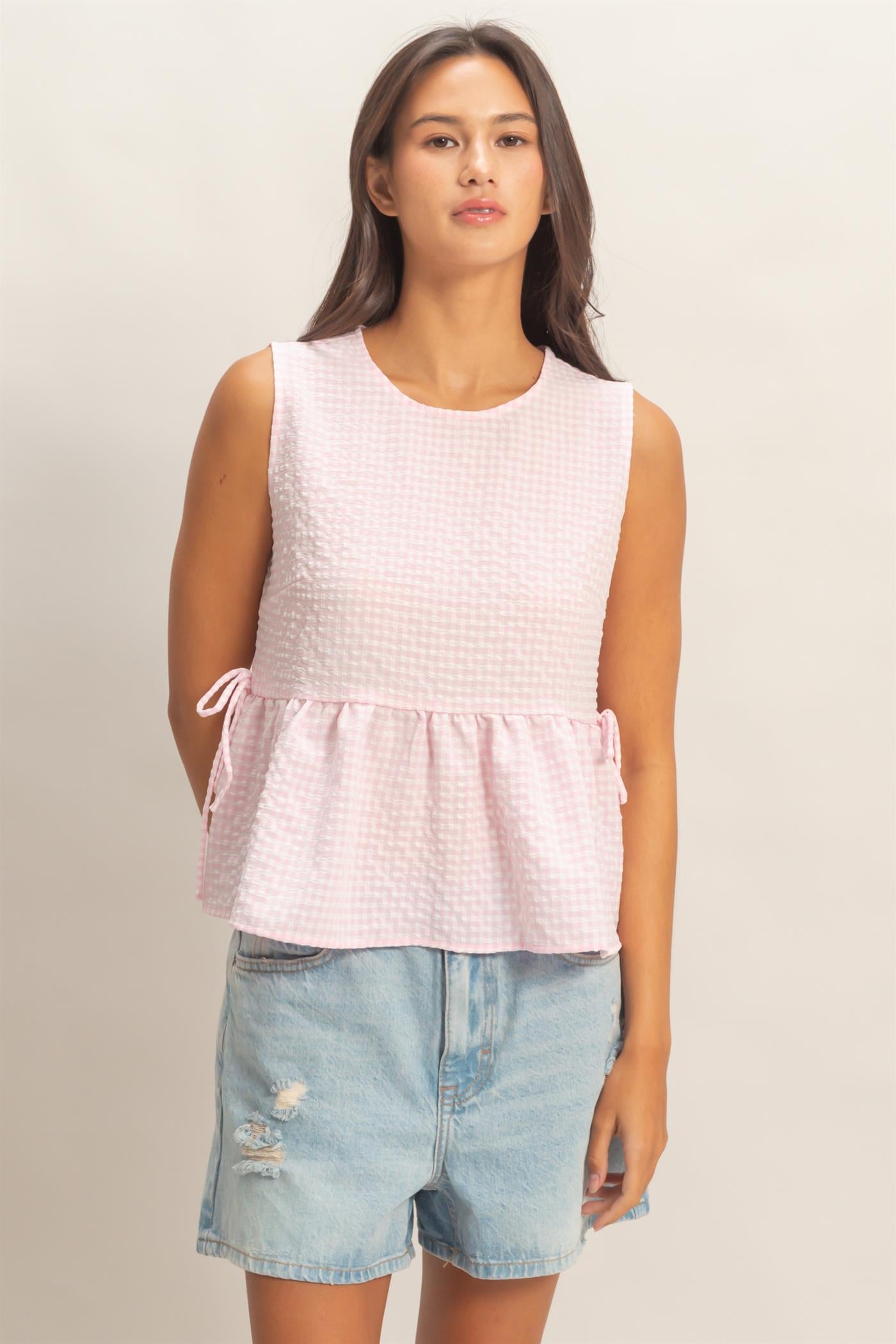 Wholesale Gingham Sleeveless Peplum Top With Side Ties Blouses DZ26C073 PINK HYFVE
