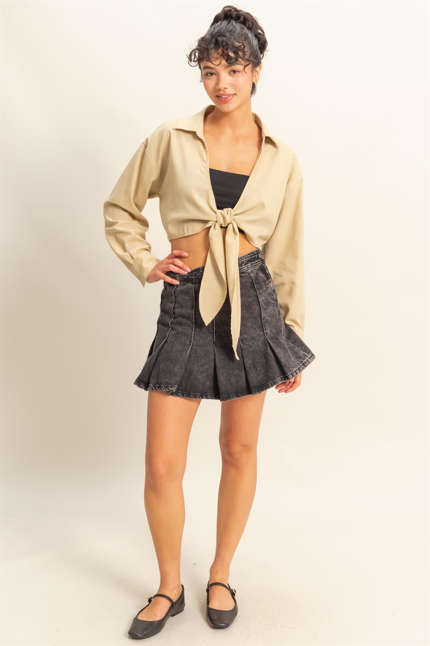 Wholesale Sand Washed Tie Front Crop Top Blouses DZ24C963 LIGHT TAUPE DOUBLE ZERO