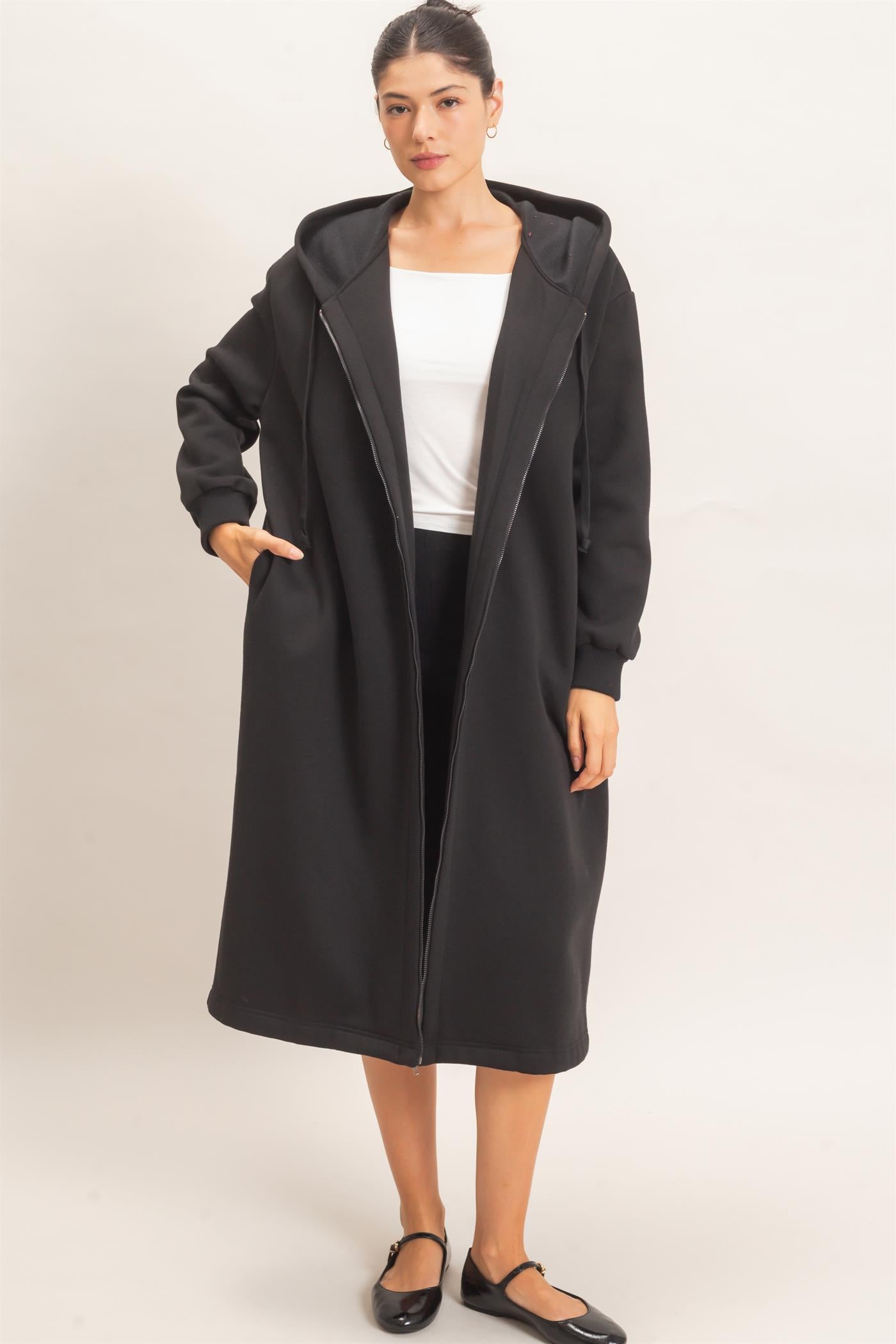Wholesale Oversized Longline Zip-Up Hoodie Jacket Outerwear HF26E650 BLACK HYFVE