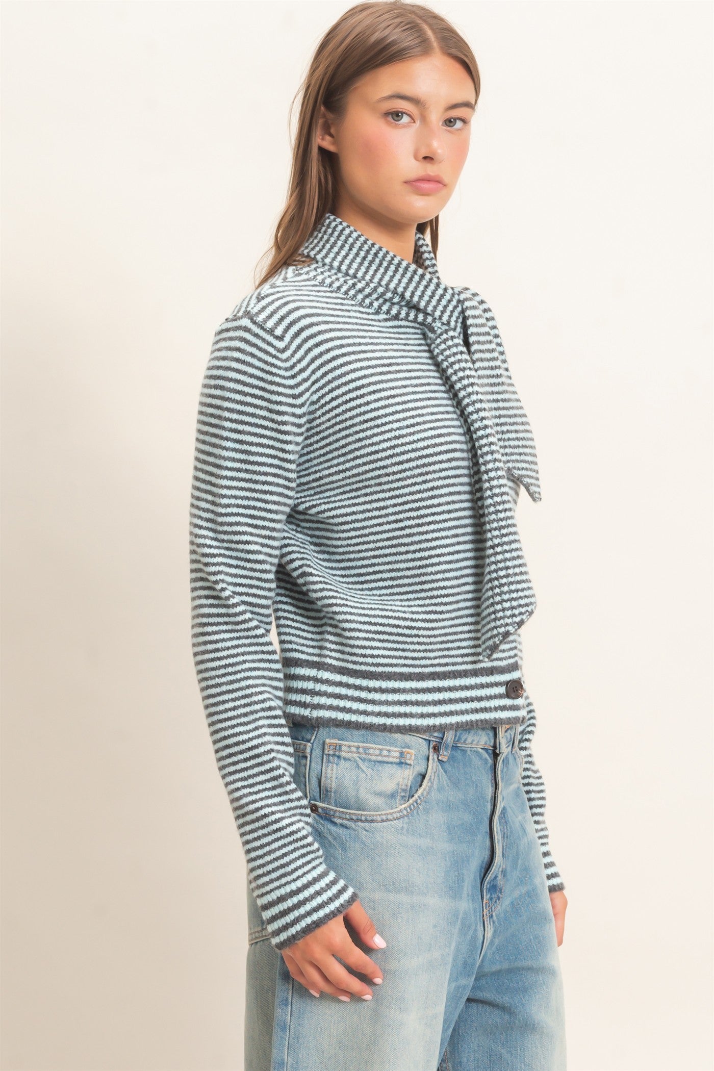 Wholesale Striped Cardigan With Scarf Cardigans DZ26E930 ICE BLUE DOUBLE ZERO