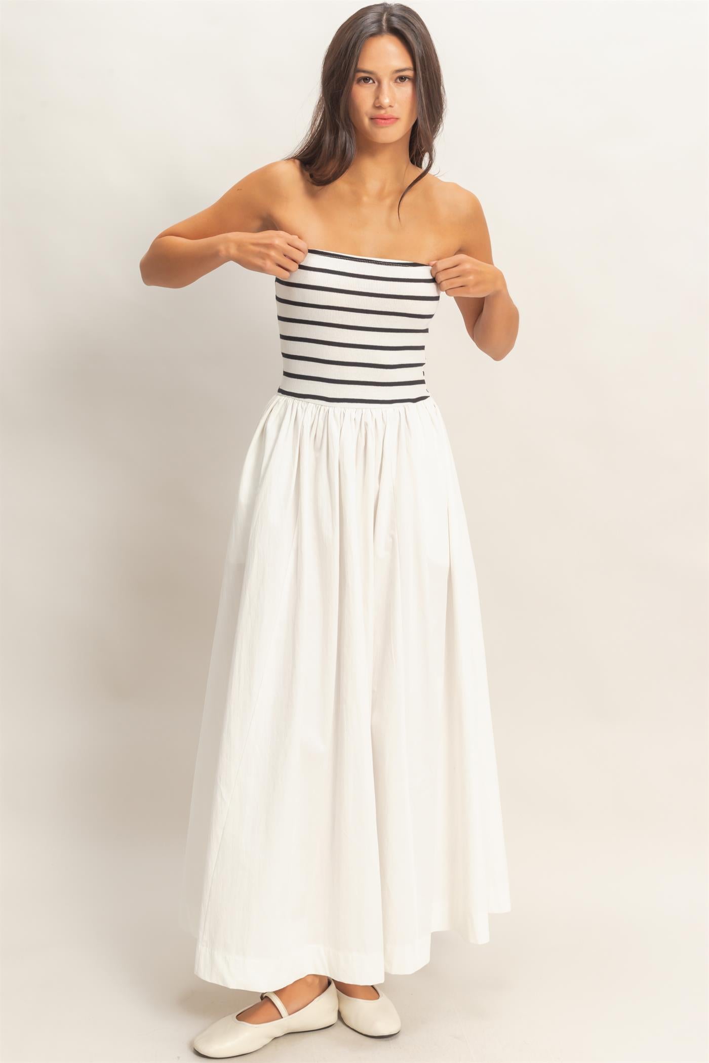 Wholesale Striped Strapless Flowy Midi Dress Dresses DZ26C169 WHITE DOUBLE ZERO