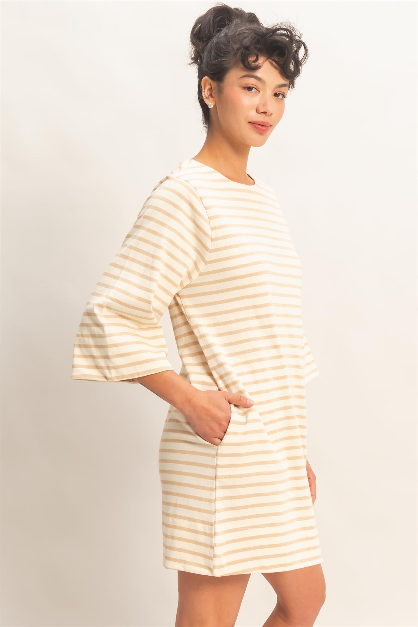 Wholesale Striped Round Neck Half-Sleeve Mini Dress Dresses DZ26A460 TAUPE DOUBLE ZERO