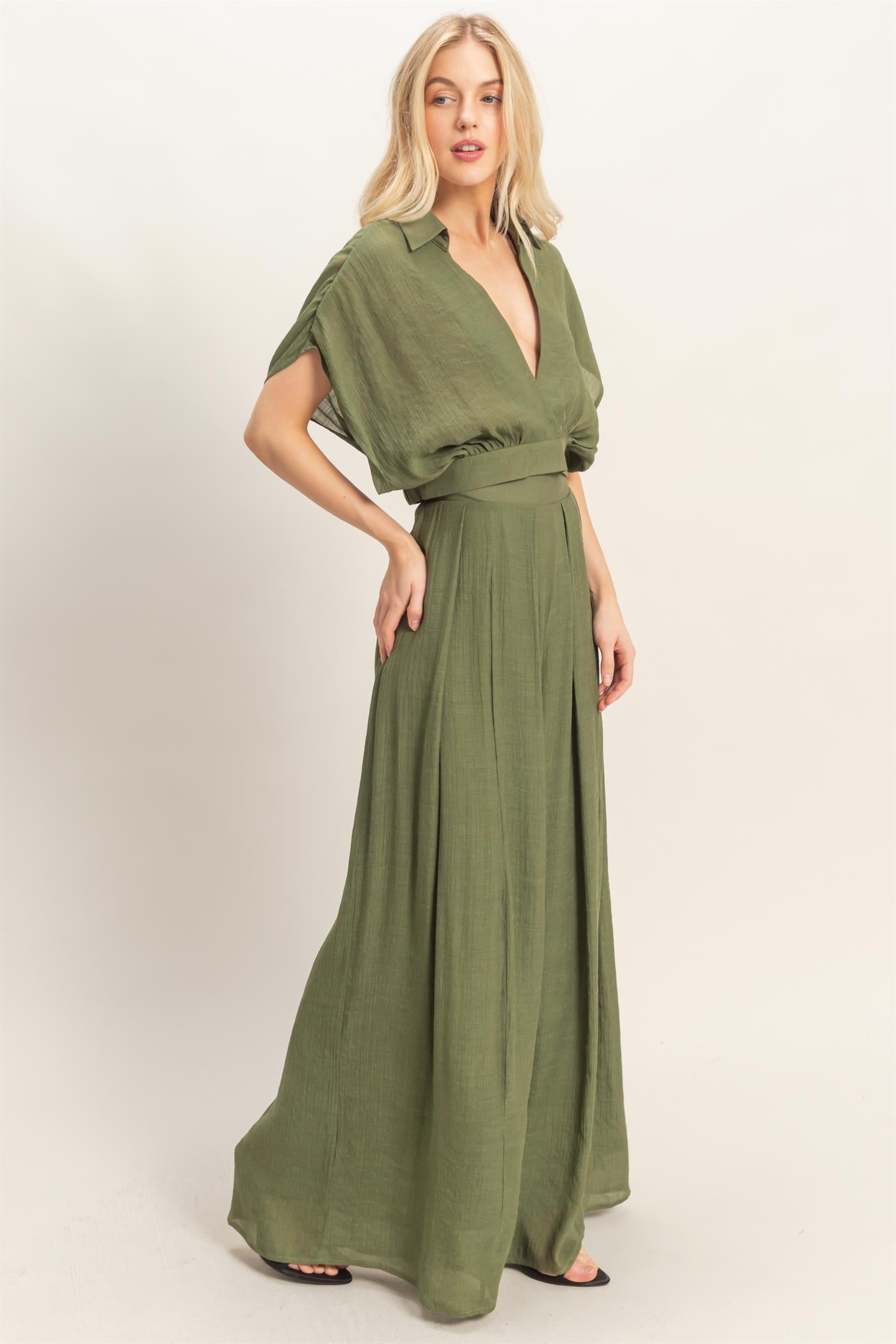 Wholesale Collared Wrap Top & Wide-Leg Pants Set Clothing HF26C286-SET-D OLIVE HYFVE