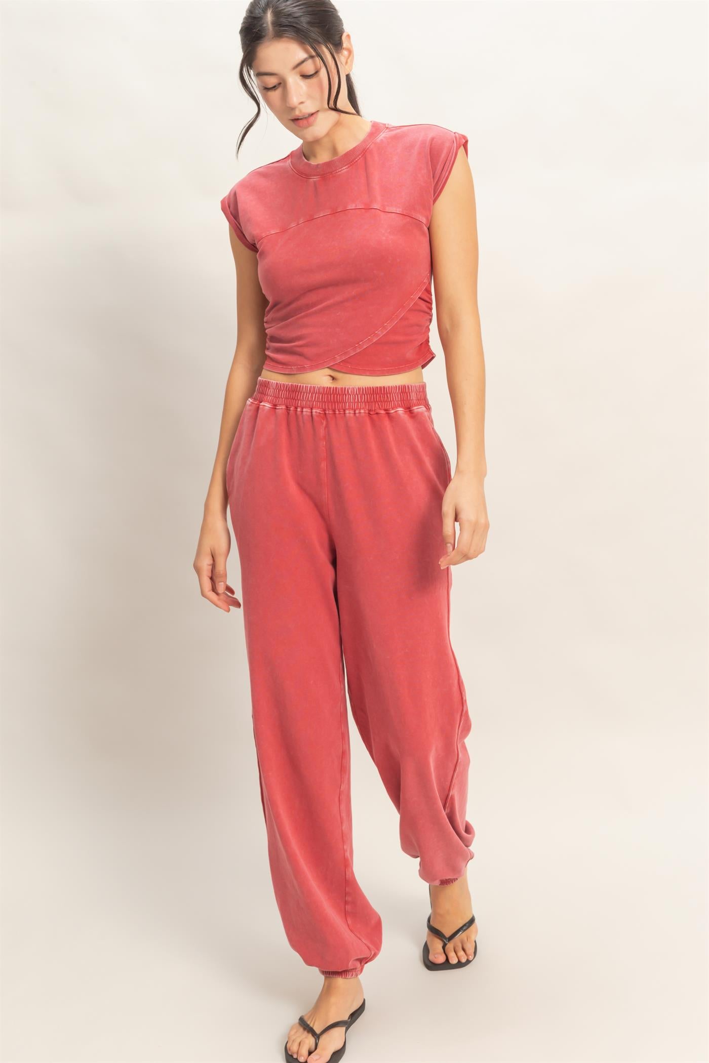Wholesale Rolled Sleeve Wrap-Front Crop Top And Jogger Set Clothing DZ26A172-SET DARK RED DOUBLE ZERO