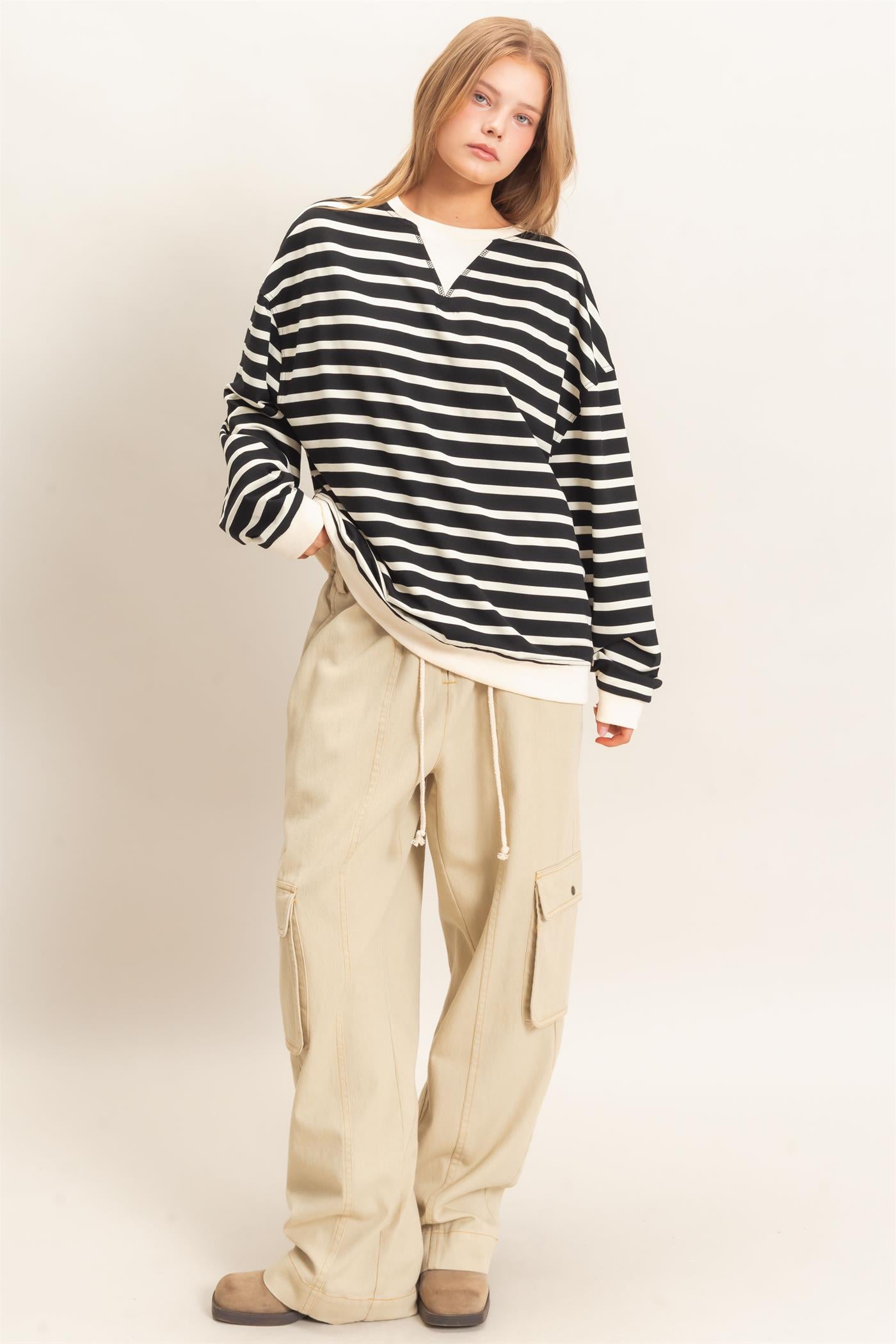 Wholesale Striped Long Sleeve Pullover Sweatshirts HF26F077 BLACK/CREAM HYFVE