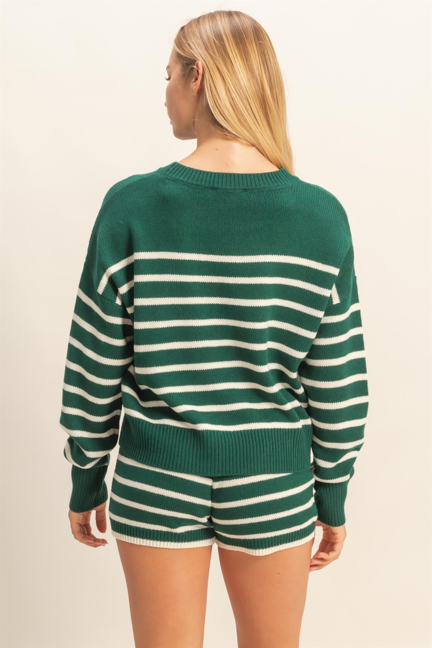 Wholesale Striped Knit Sweater And Shorts Set Clothing DZ25E141-SET DARK GREEN/CREAM DOUBLE ZERO
