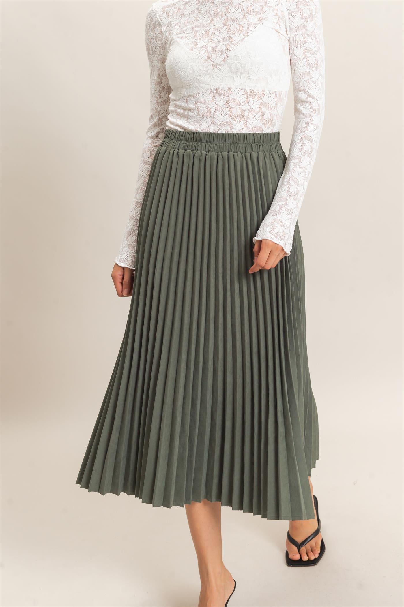 Wholesale Suede Accordion Pleated Skirt Skirts HF26F084-D FOREST GREEN HYFVE