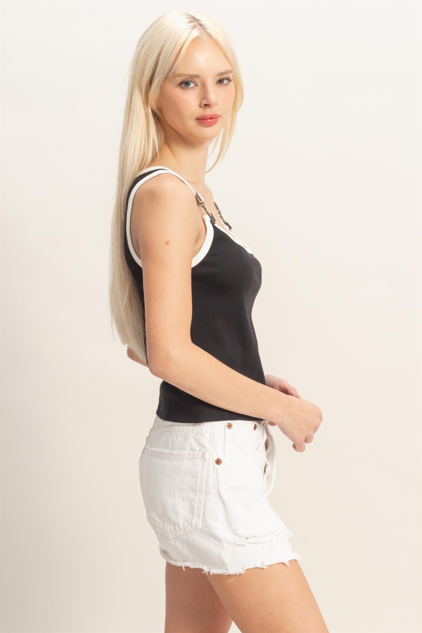 Wholesale Scoop Neck Buckle Strap Tank Top Tank Tops DZ26C345 BLACK DOUBLE ZERO