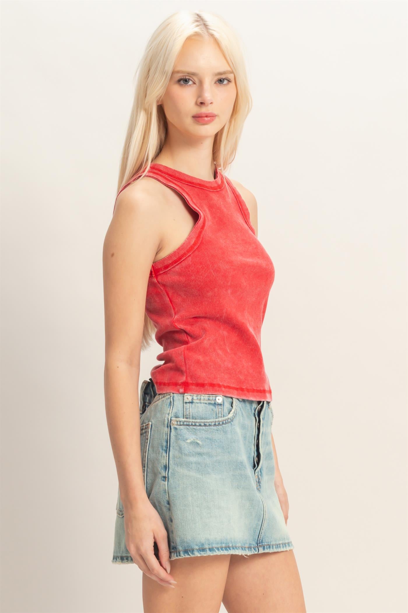 Wholesale Acid Washed Ribbed Tank Top Tank Tops DZ26A336 RED DOUBLE ZERO