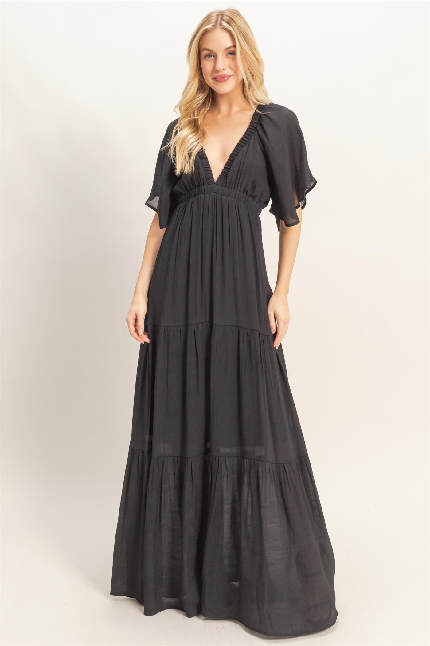 Wholesale Flutter Sleeve Maxi Dress Dresses HF26C285-D BLACK HYFVE