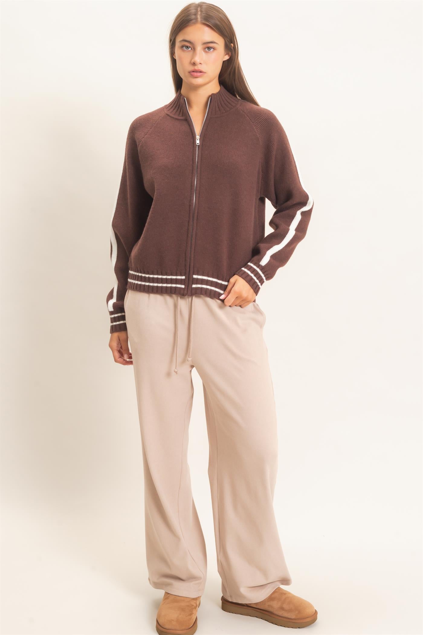 Wholesale Contrast Stripe Zip-Up Sweater Sweaters DZ26E861 DARK BROWN DOUBLE ZERO