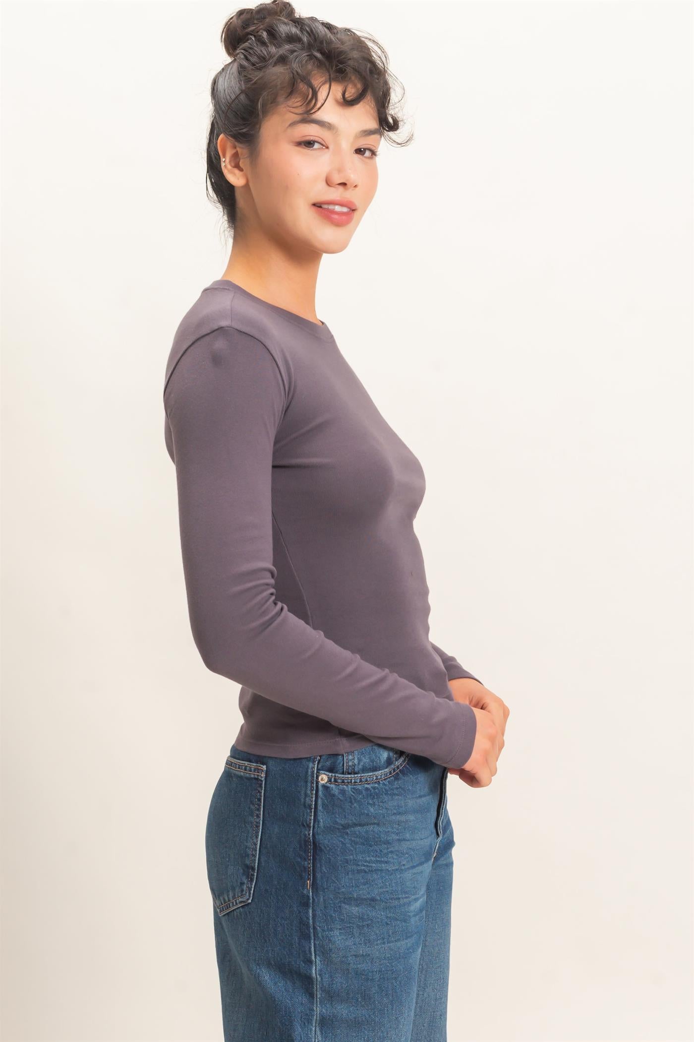Wholesale Crew Neck Long Sleeve Top Clothing Tops DZ26E184 CHARCOAL DOUBLE ZERO