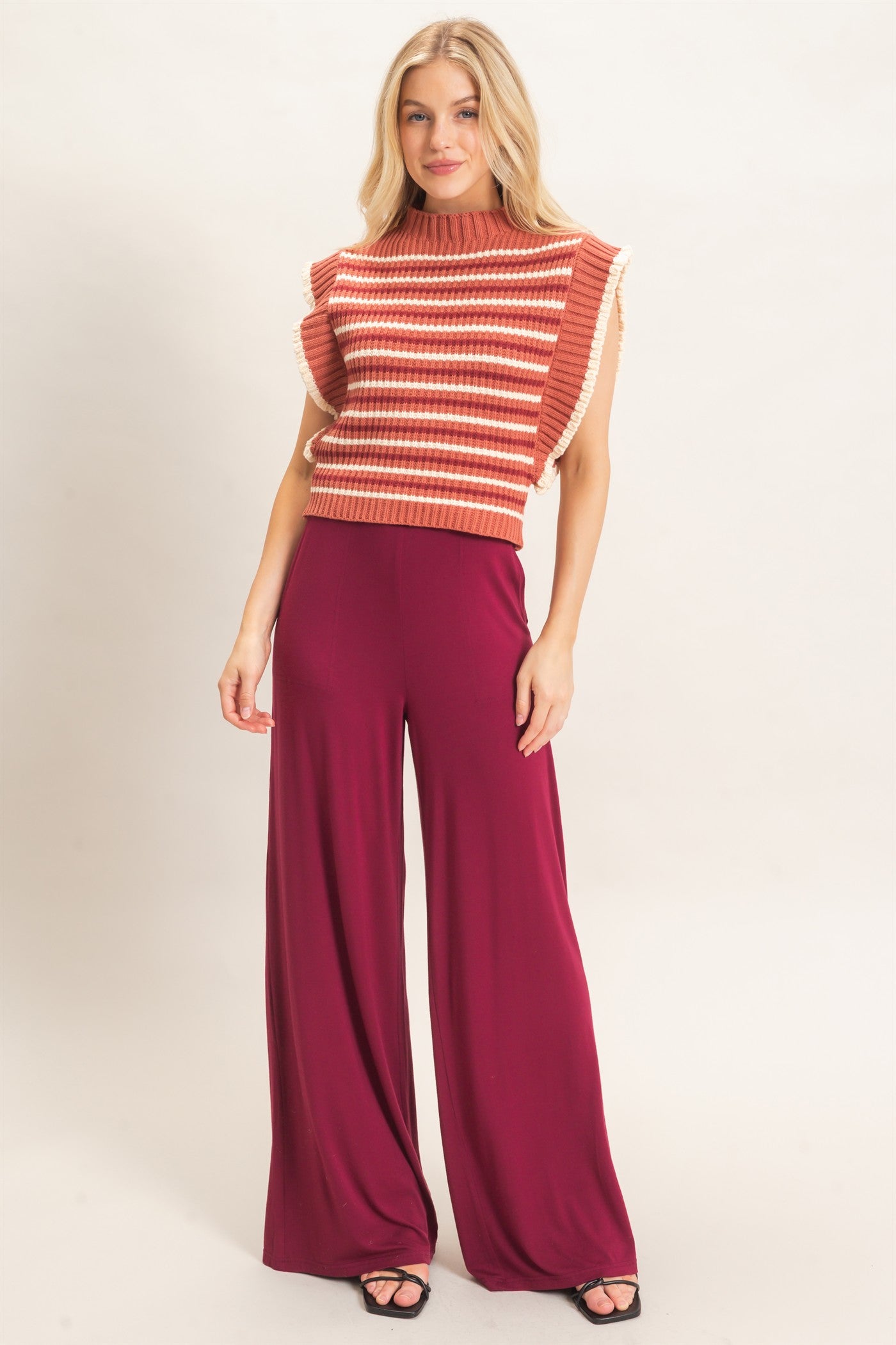 Wholesale Wide-Leg Elastic Waist Pants Pants HF26F299-D BURGUNDY HYFVE