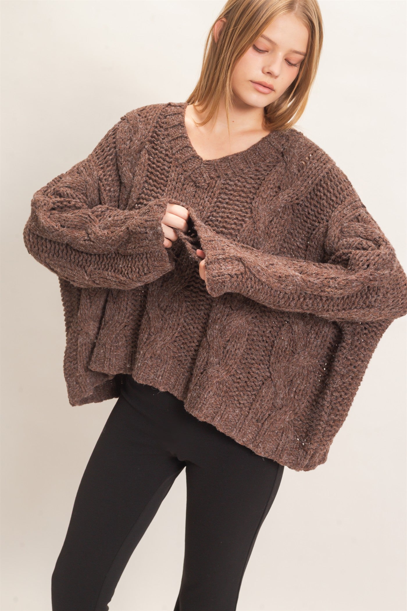 Wholesale Cable Knit V-Neck Sweater Sweaters HF26F175-D BROWN HYFVE