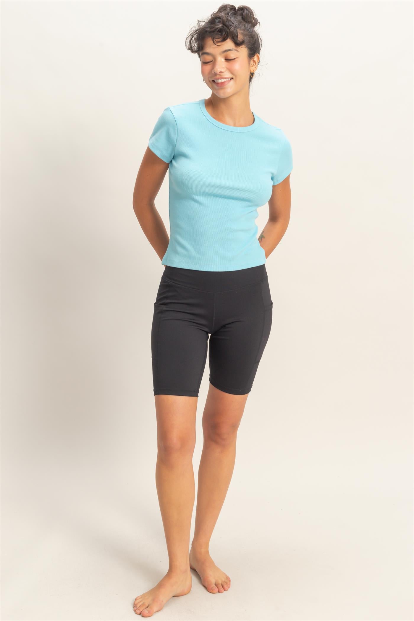 Wholesale Basic Ribbed Short Sleeve Top Clothing Tops DZ26A137 BLUE DOUBLE ZERO