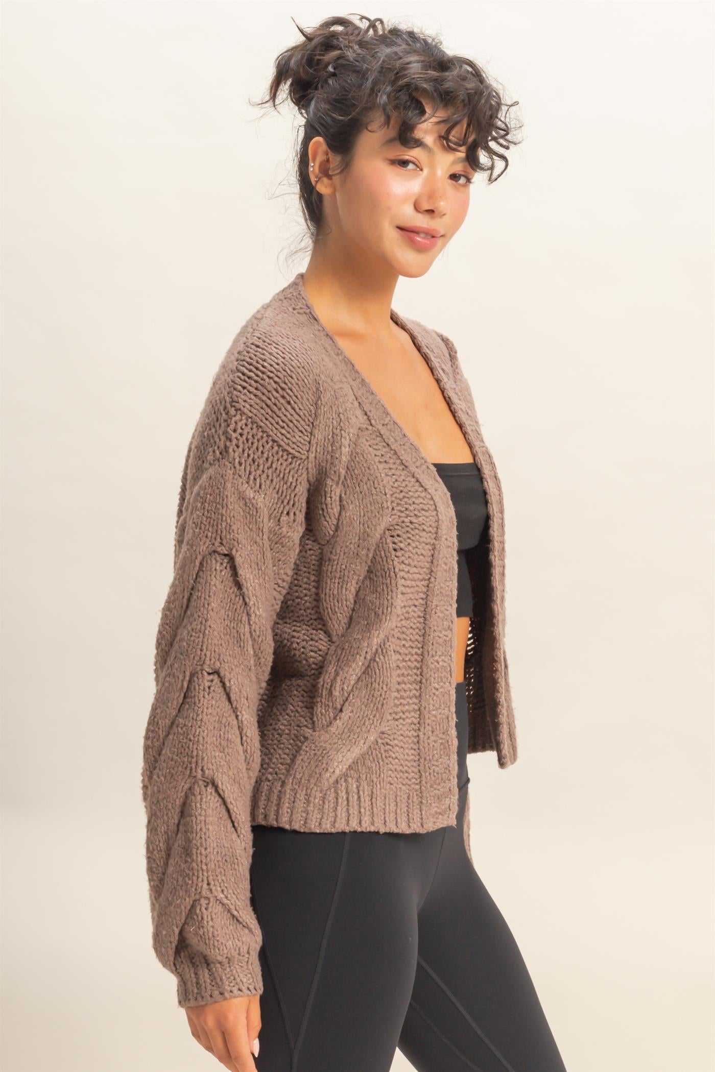 Wholesale Oversized Cable Knit Open Front Cardigan Sweater Cardigans DZ25F072 LIGHT TAUPE DOUBLE ZERO