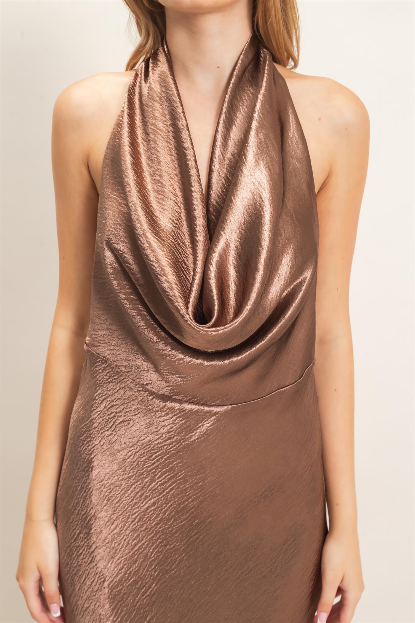 Wholesale Satin Cowl Neck Maxi Dress Dresses HF26F216-D BROWN HYFVE