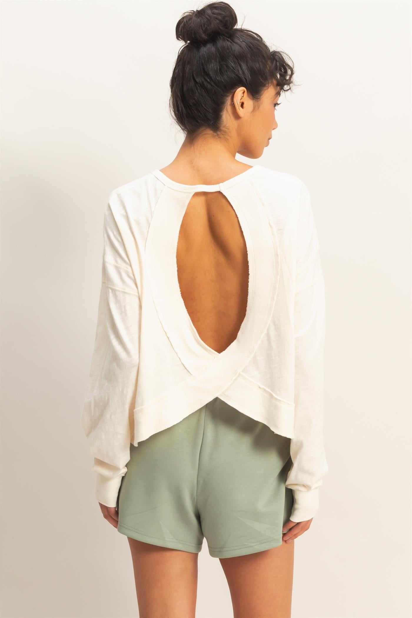 Wholesale Cross Detail Open Back Long-Sleeve Top Clothing Tops DZ26C731 WHIP CREAM DOUBLE ZERO