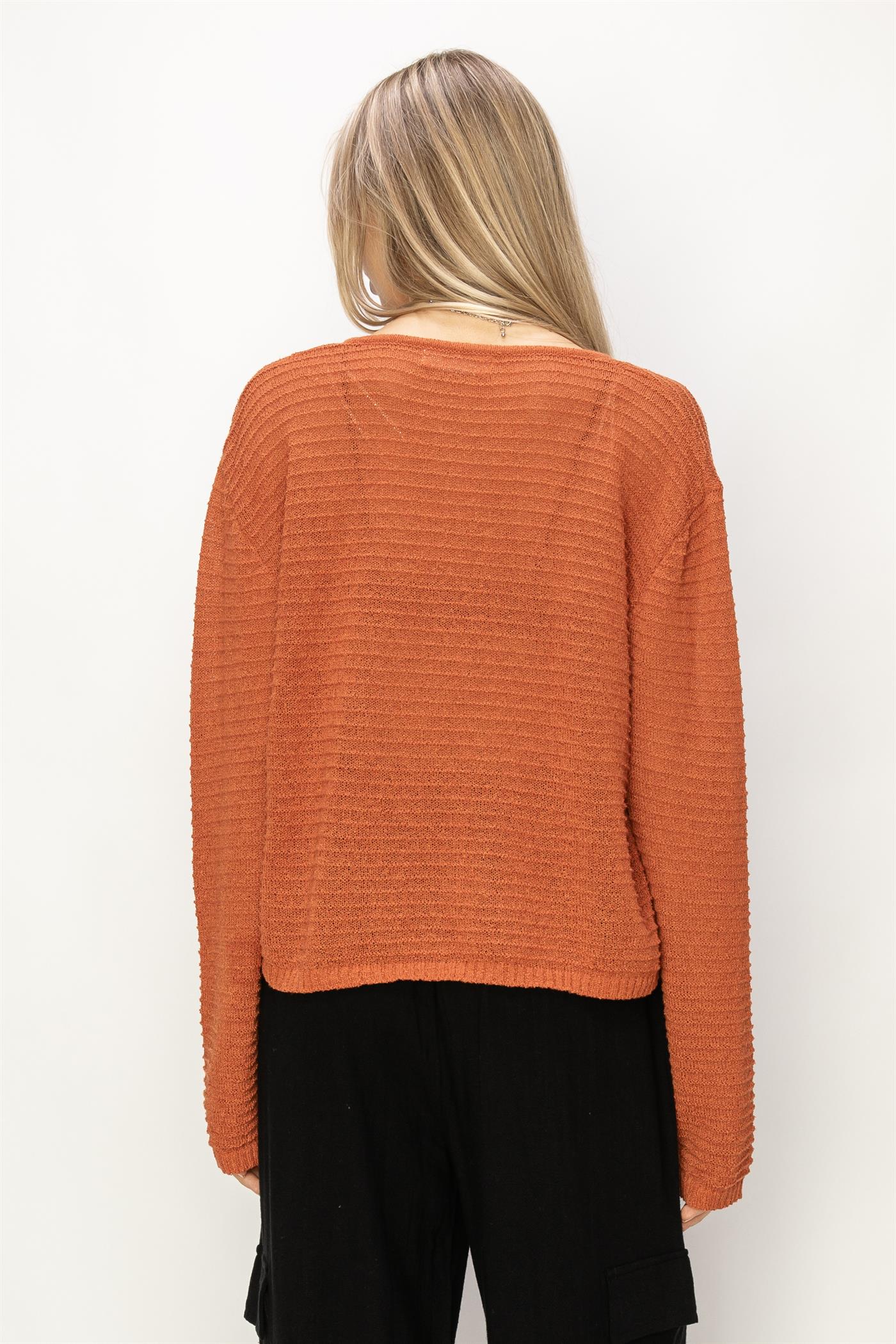 Wholesale V Neck Dropped Shoulder Sweater Clothing Tops DZ24A559 BAKED CLAY DOUBLE ZERO