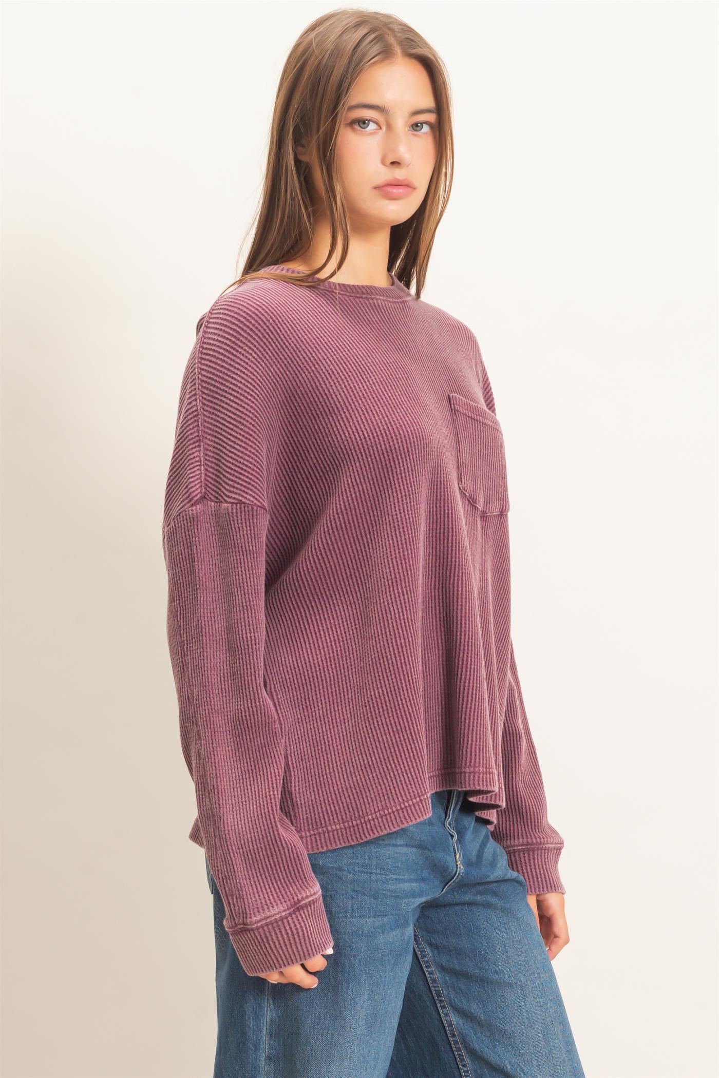 Wholesale Mineral Wash Waffle Long Sleeve Top Clothing Tops DZ26F242 DARK CHERRY DOUBLE ZERO