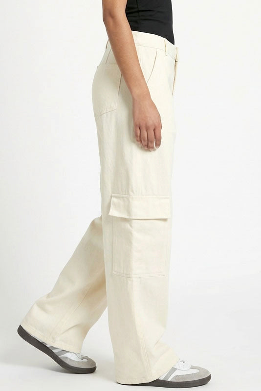 Wholesale Elastic Waist Wide-Leg Cargo Pants Pants DZ24E575 CREAM DOUBLE ZERO