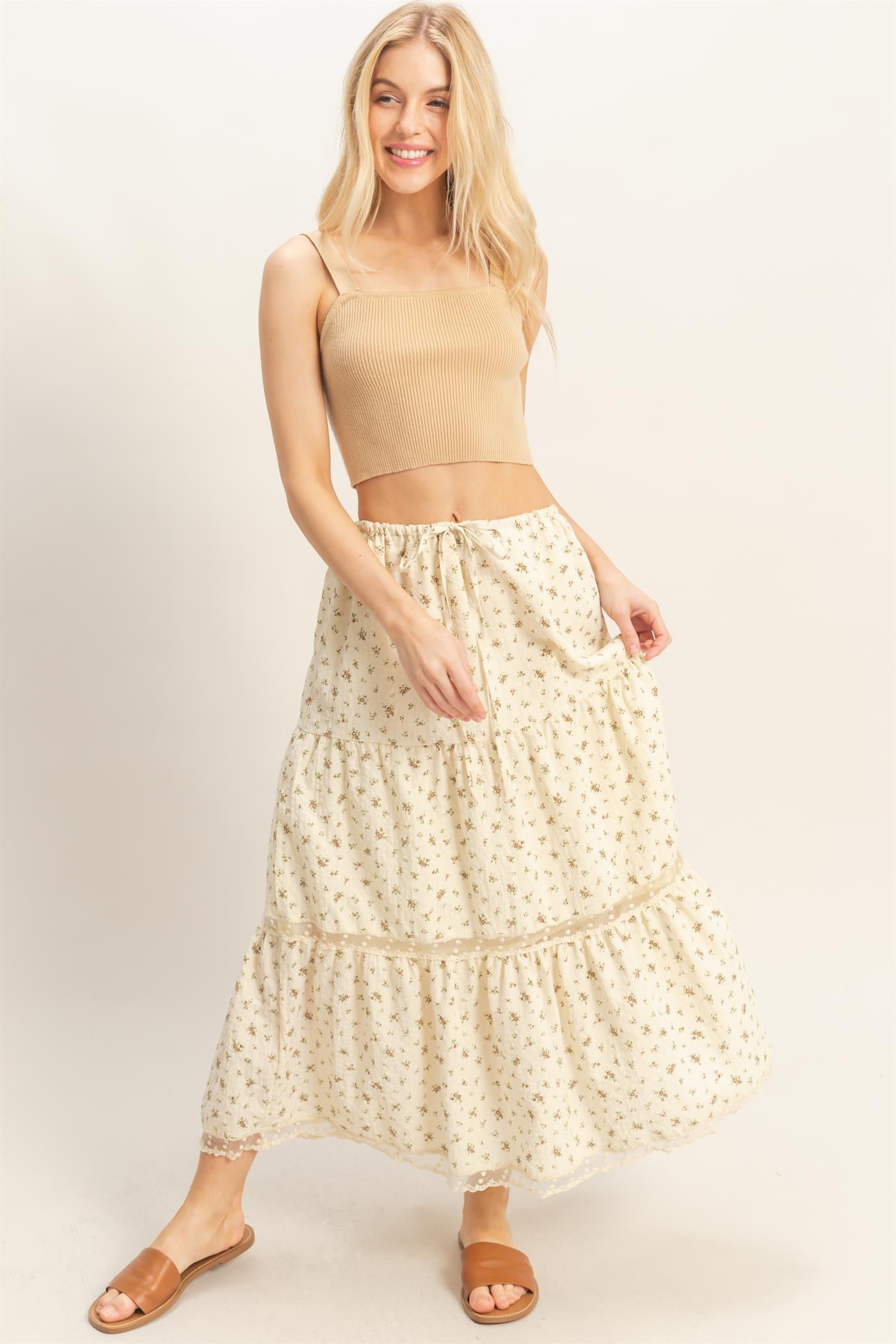 Wholesale Tiered Lace Trim Skirt Skirts HF26A697 BROWN HYFVE