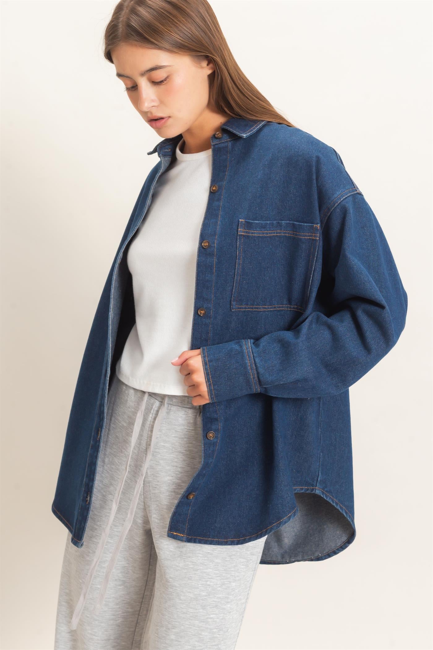Wholesale Denim Button-Up Collar Shirt Clothing Tops DZ26F410 DARK BLUE DOUBLE ZERO