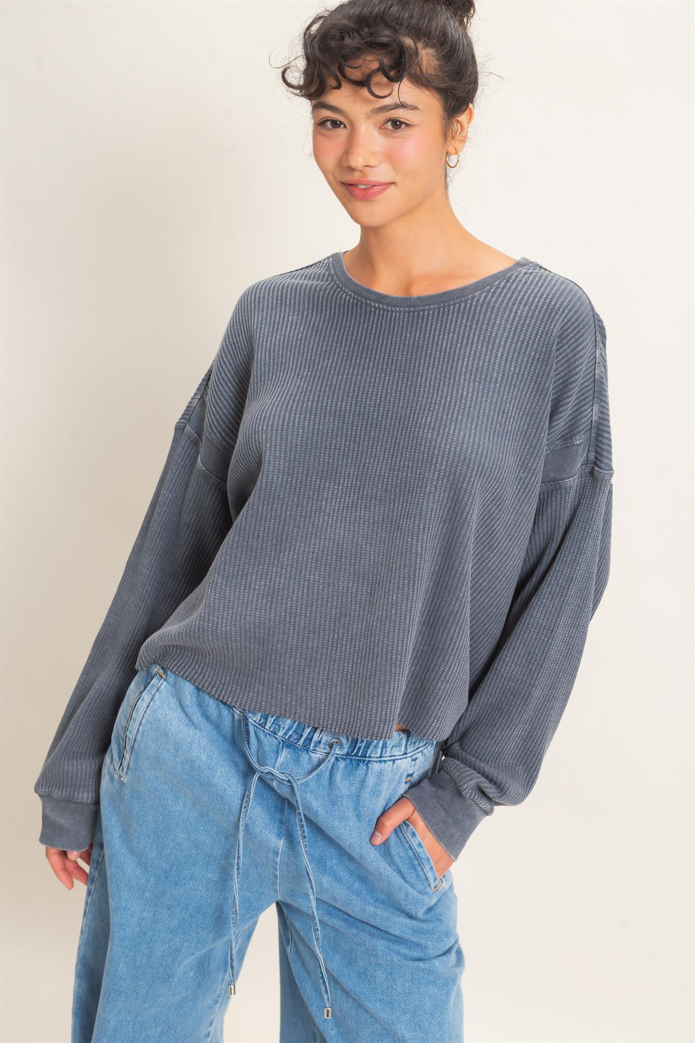 Wholesale Mineral Wash Waffle Open Back Top Clothing Tops DZ26C964 DARK GRAY DOUBLE ZERO