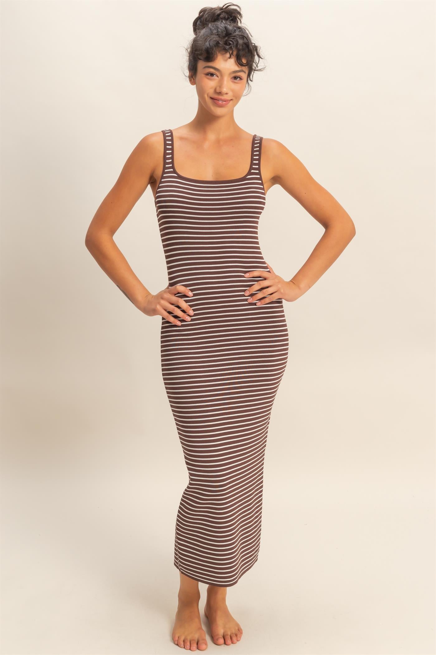 Wholesale Striped Bodycon Midi Dress With Back Slit Dresses DZ26C340 CHOCOLATE DOUBLE ZERO