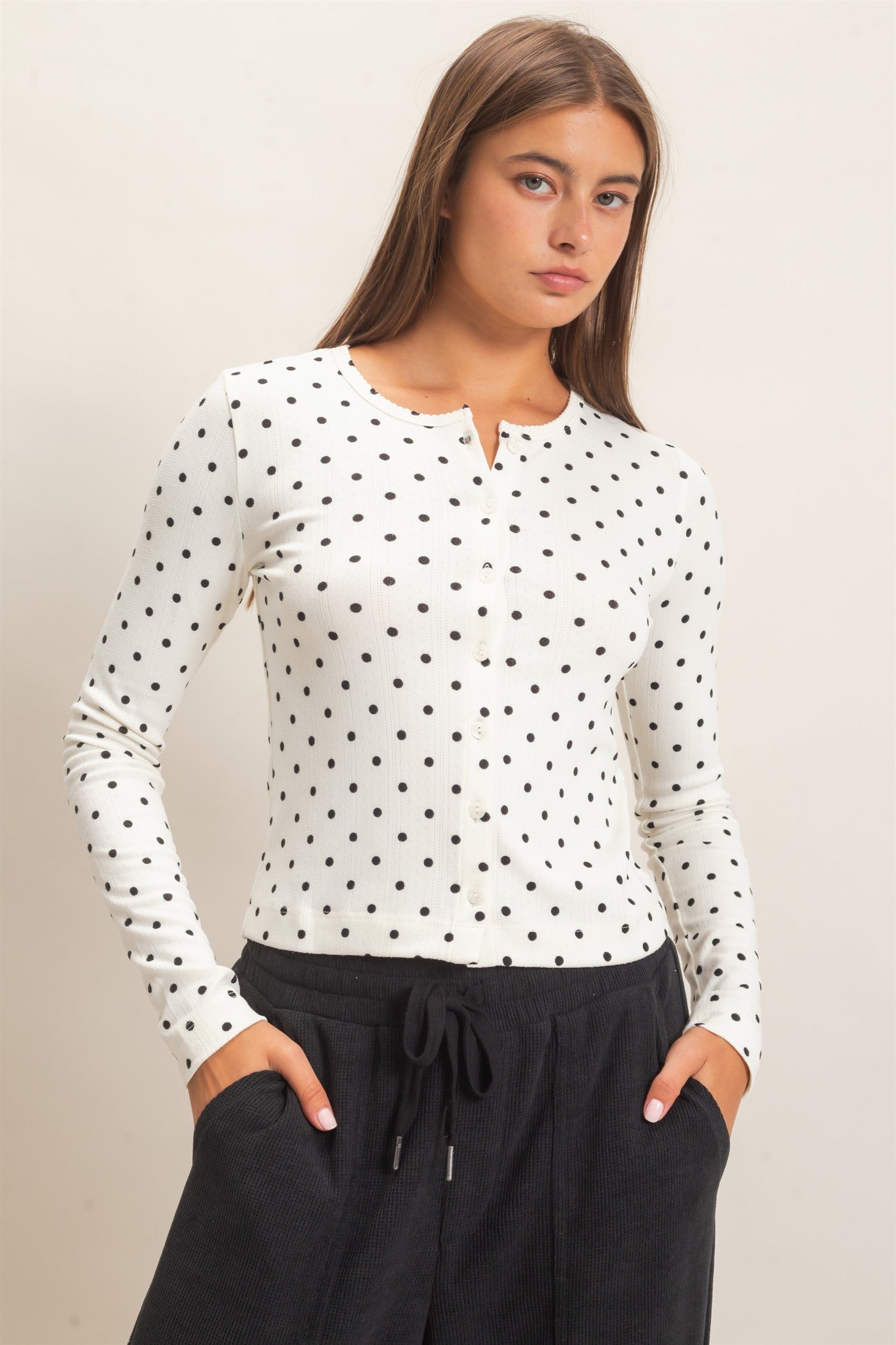Wholesale Polka Dot Button Front Long Sleeve Top Clothing Tops DZ27A156 CREAM DOUBLE ZERO