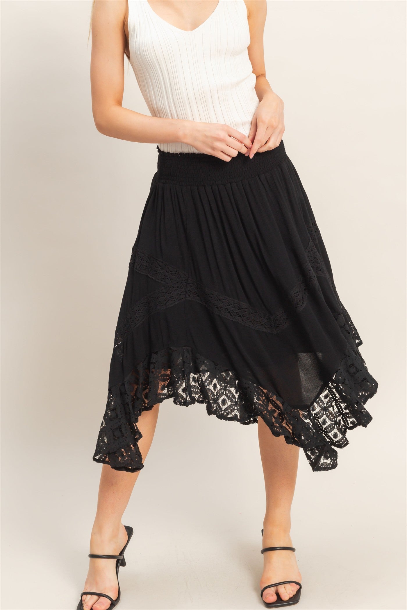 Wholesale Smocked Waist Lace Hem Skirt Skirts HF26A384 BLACK HYFVE