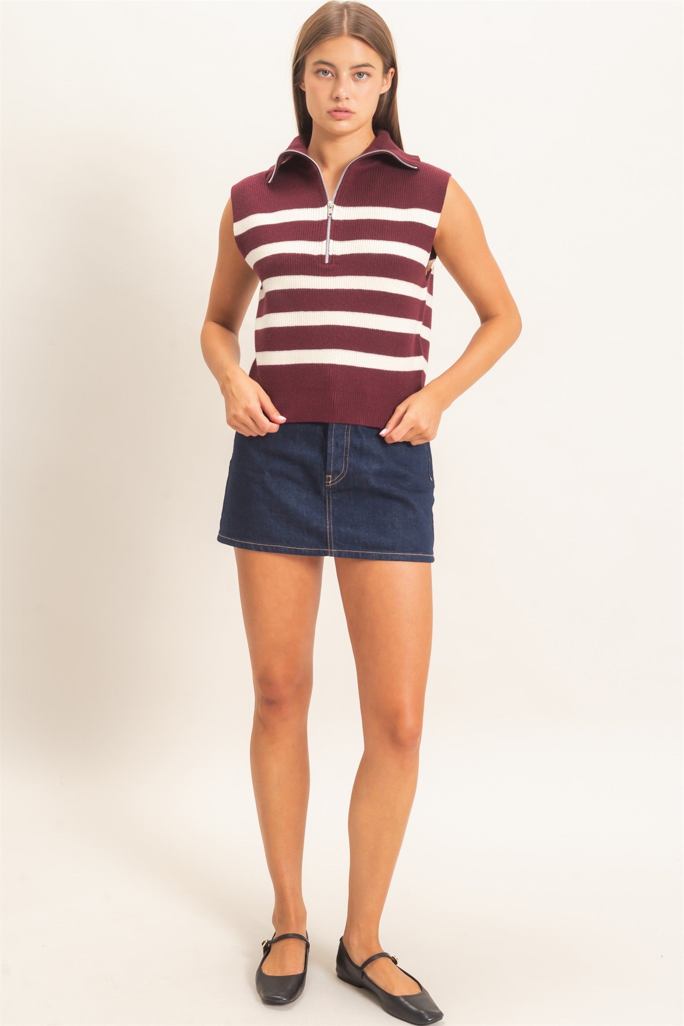 Wholesale Half-Zip Sleeveless Stripe Sweater Sweaters DZ26E951 DARK CHERRY DOUBLE ZERO