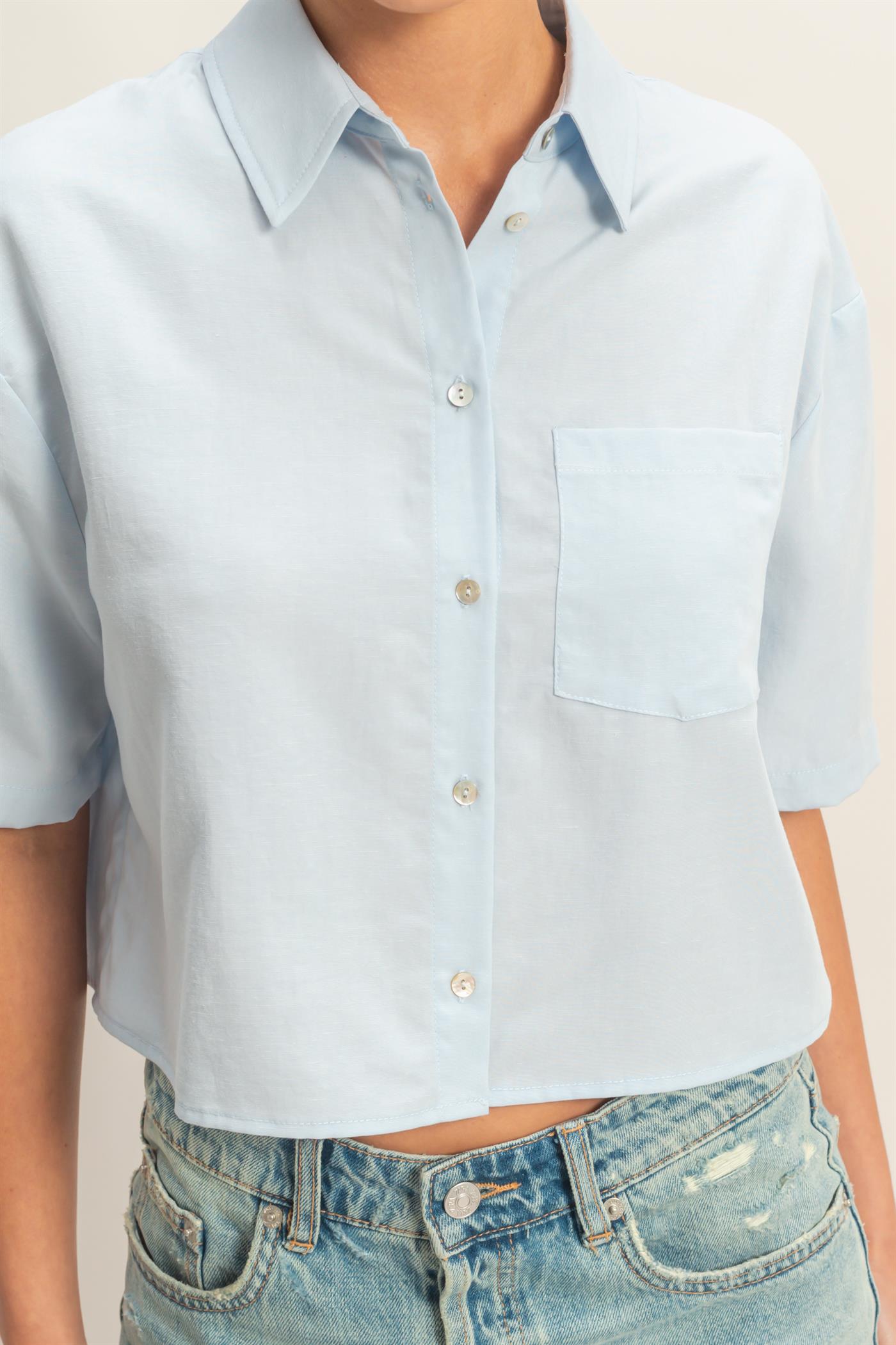 Wholesale Linen Blend Cropped Button-Up Shirt With Pocket Clothing Tops DZ26A583 ICE BLUE DOUBLE ZERO