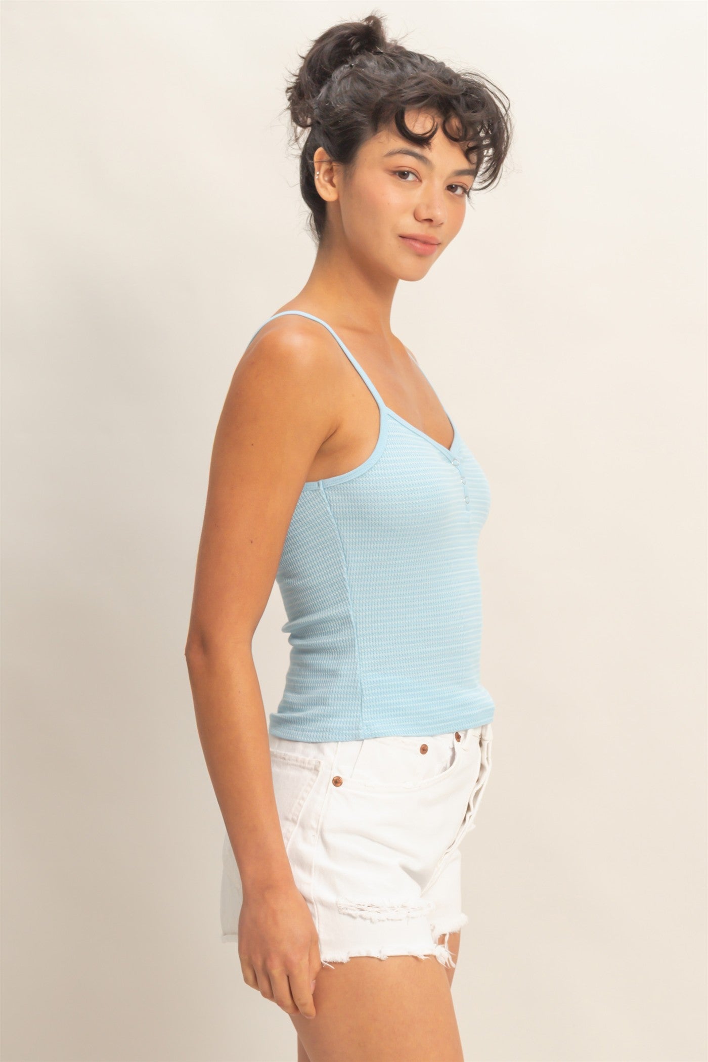 Wholesale Striped Snap-Button Henley Cami Top Camisoles DZ26A885 BABY BLUE DOUBLE ZERO