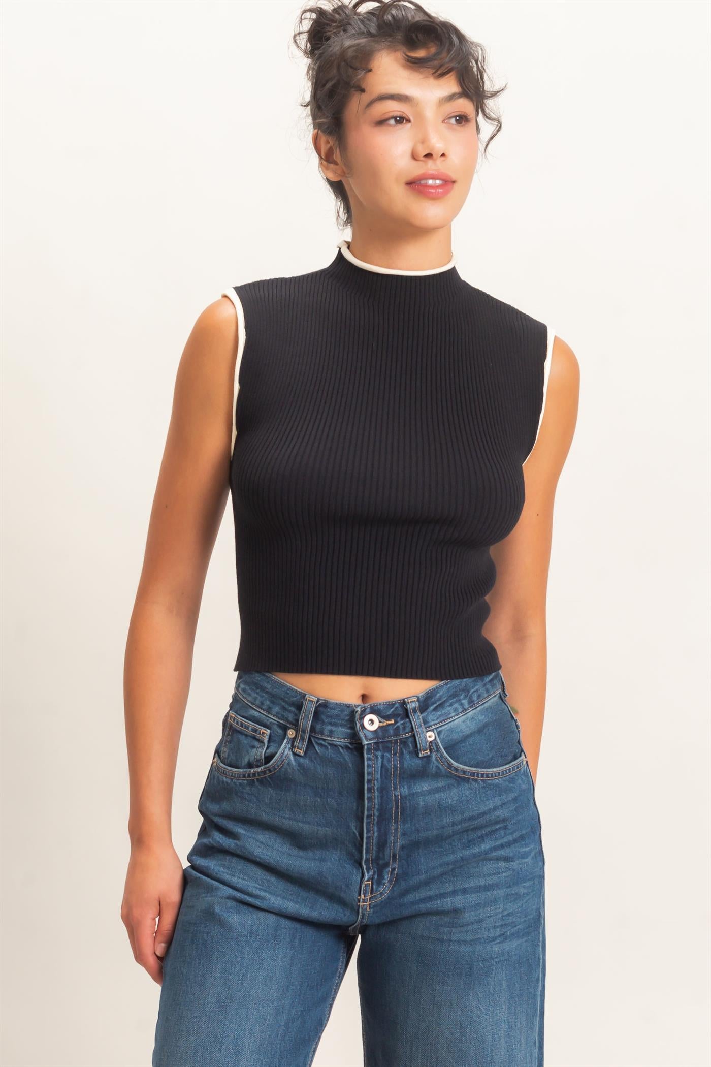 Wholesale Ribbed Mock Neck Sleeveless Top Clothing Tops DZ26E777 BLACK DOUBLE ZERO