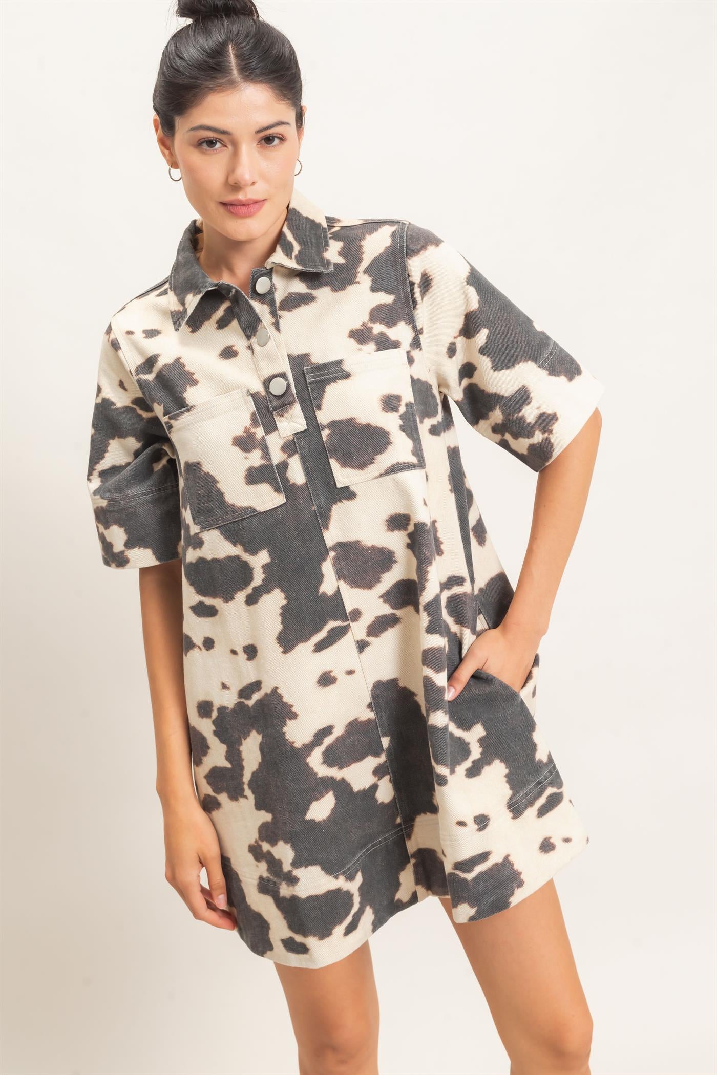 Wholesale Cow Print Short Sleeve Dress Dresses HF26E826 BLACK HYFVE