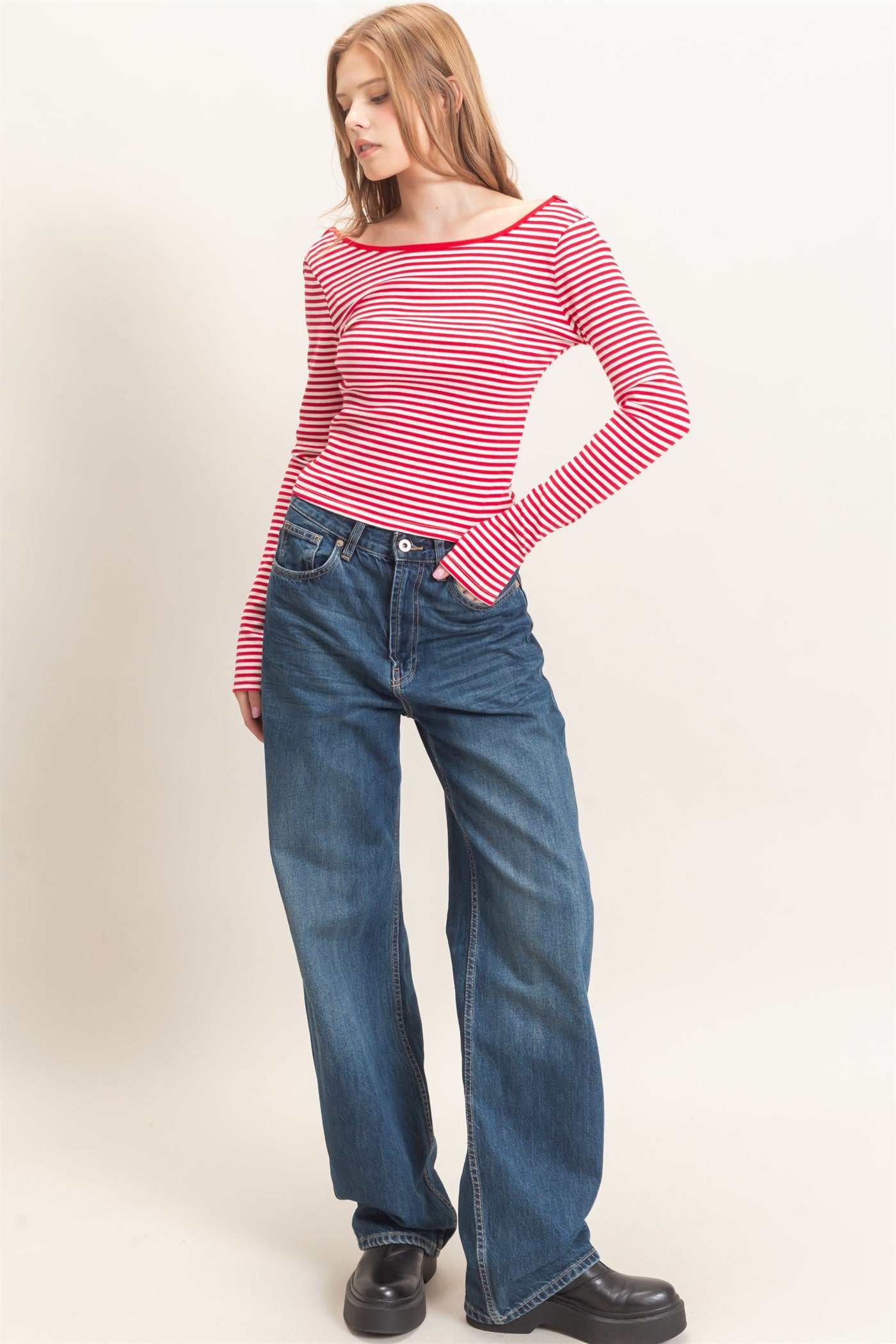 Wholesale Striped Boat Neck Long Sleeve Top Clothing Tops HF26F080 RED/WHITE HYFVE