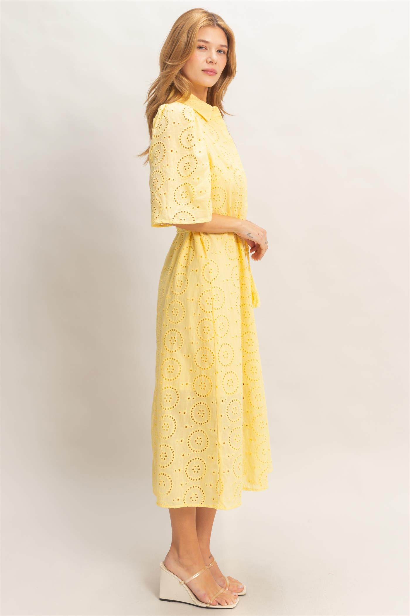 Wholesale Eyelet Collared Midi Dress Dresses HF26A021 YELLOW HYFVE