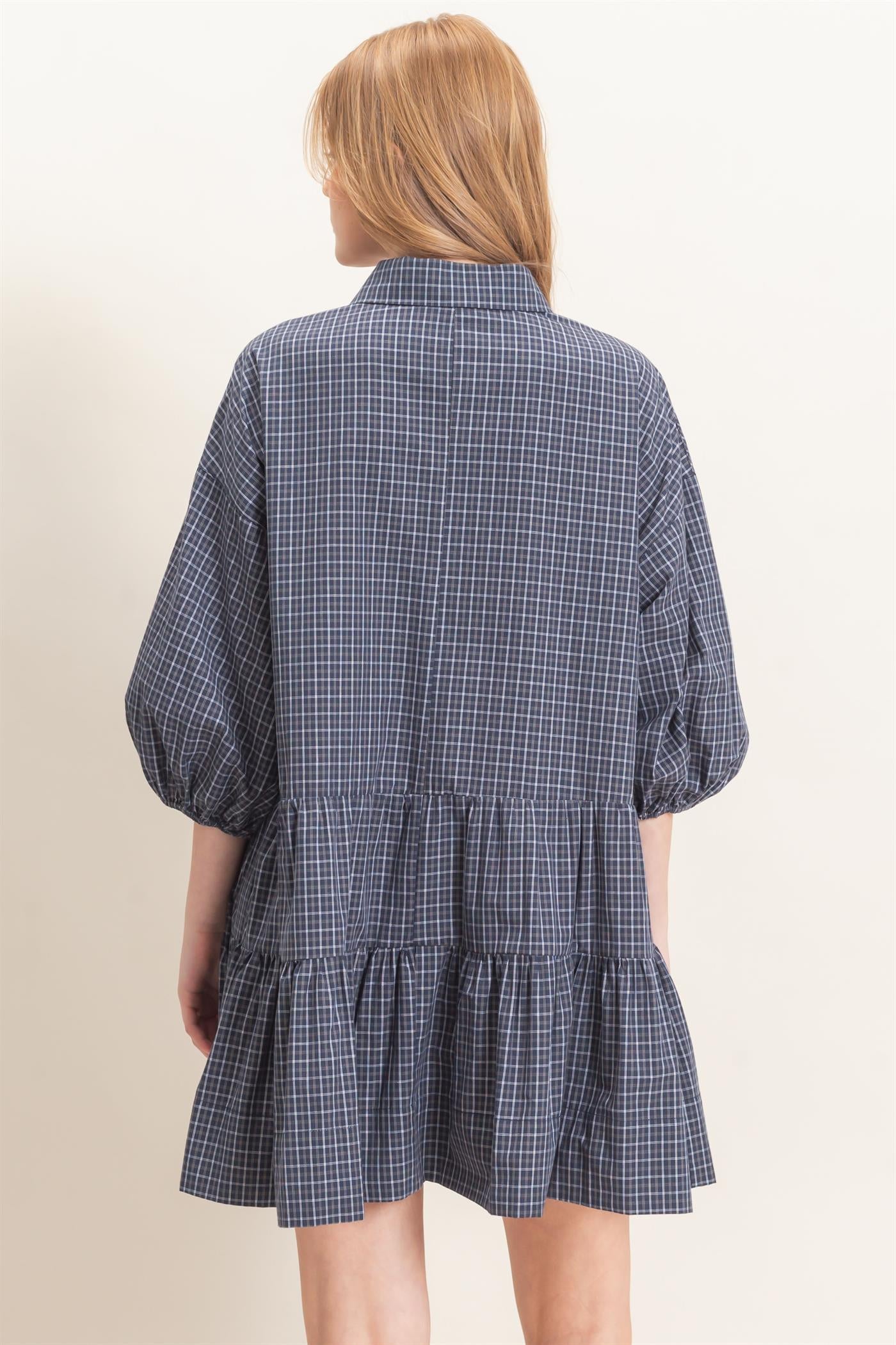 Wholesale Plaid Button-Down Tiered Dress Dresses HF26E795 NAVY HYFVE