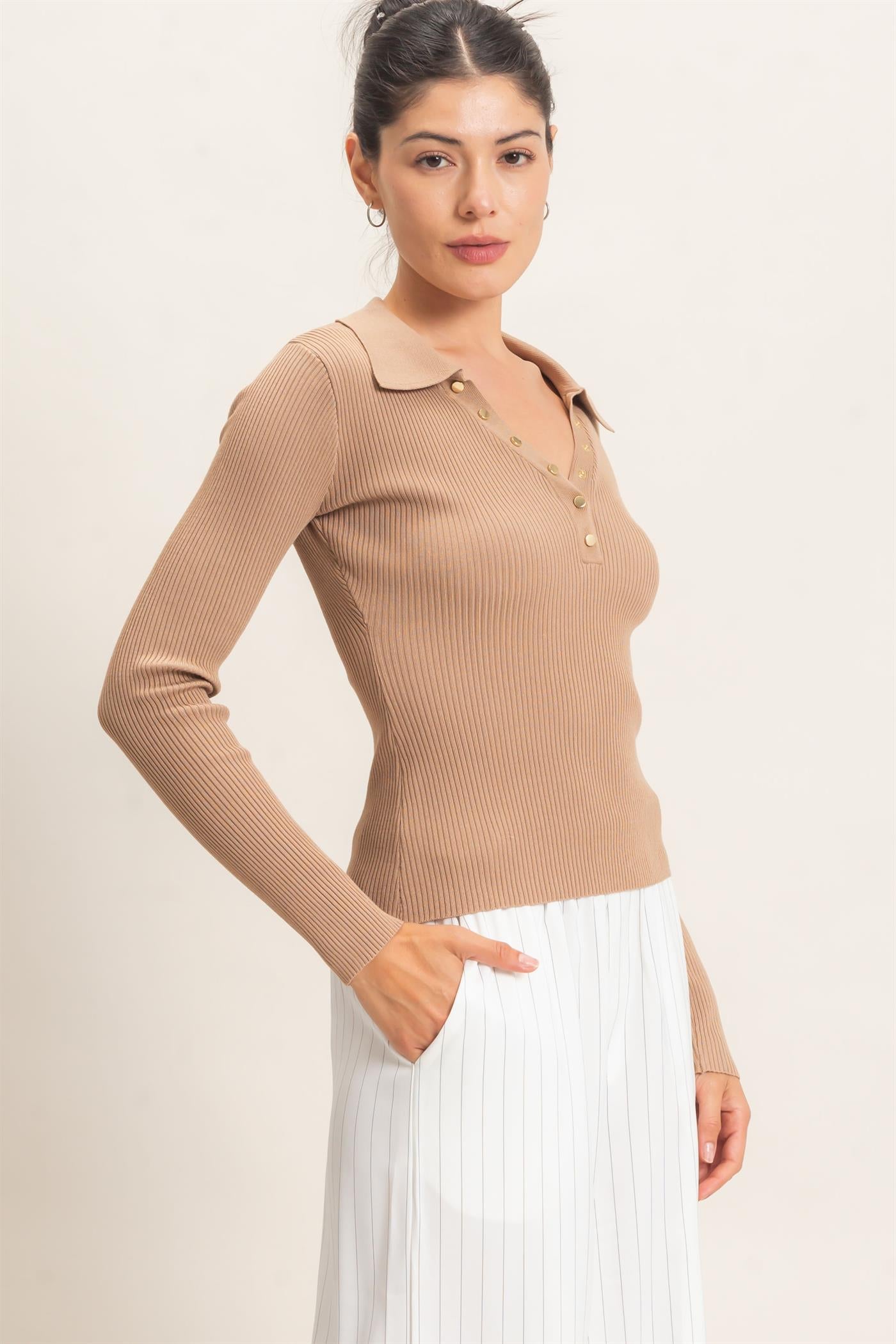 Wholesale Ribbed V-Neck Sweater With Collar Clothing Tops HF26E684 TAUPE HYFVE