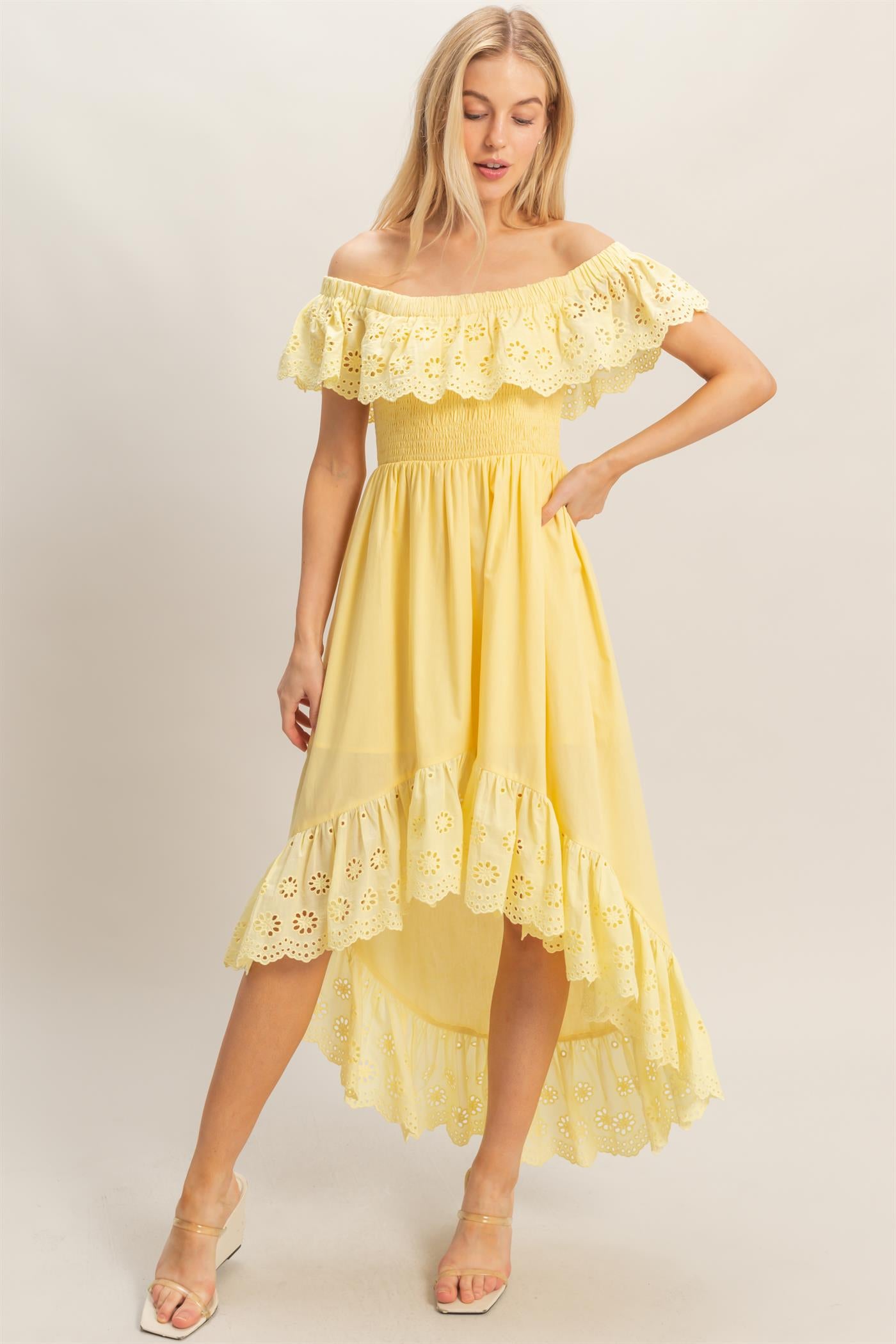 Wholesale Off Shoulder Smocked Dress Dresses HF26C305 YELLOW HYFVE
