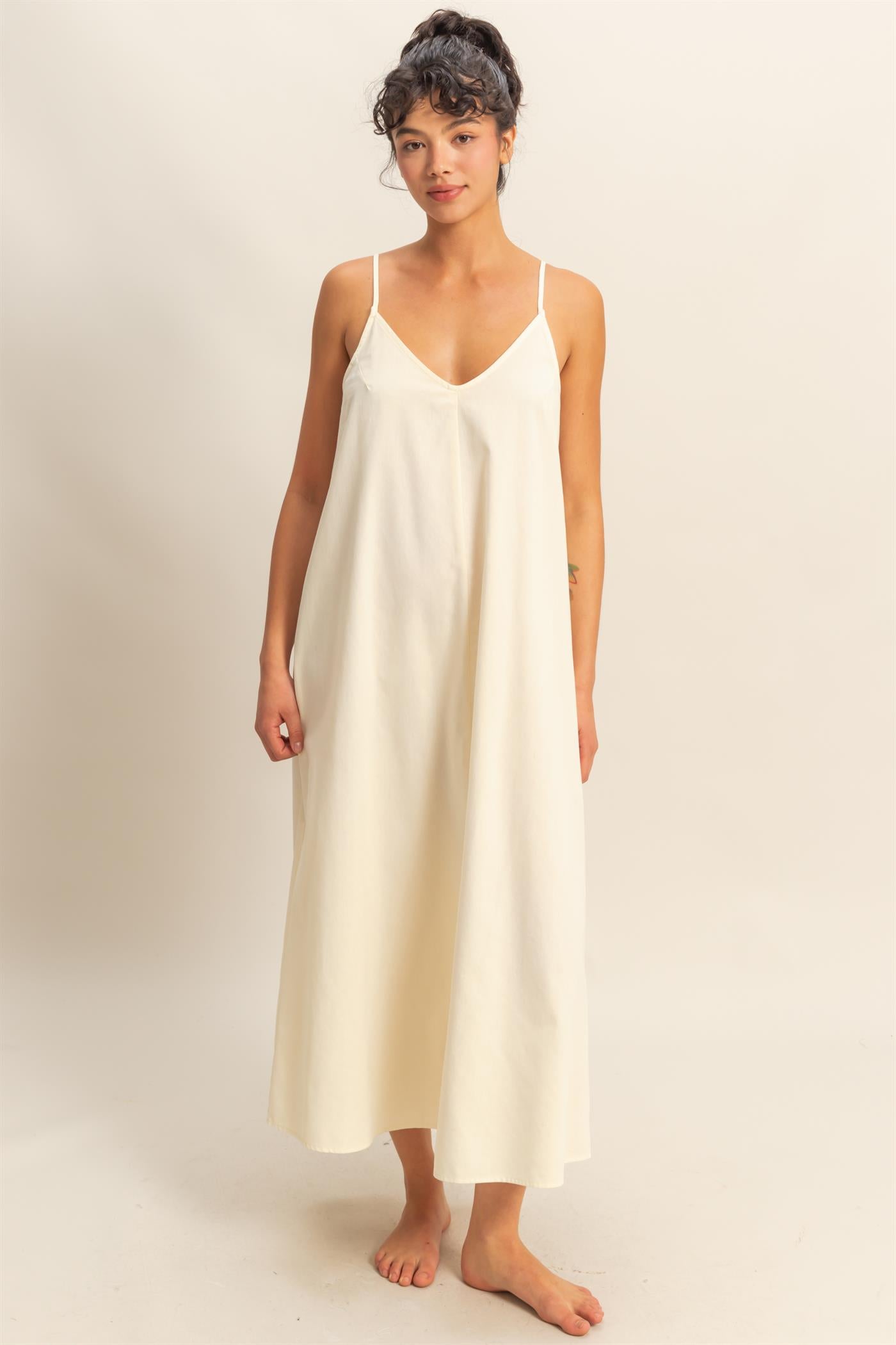 Wholesale Dyed V-Neck Loose Maxi Dress Dresses DZ24C964 CREAM DOUBLE ZERO