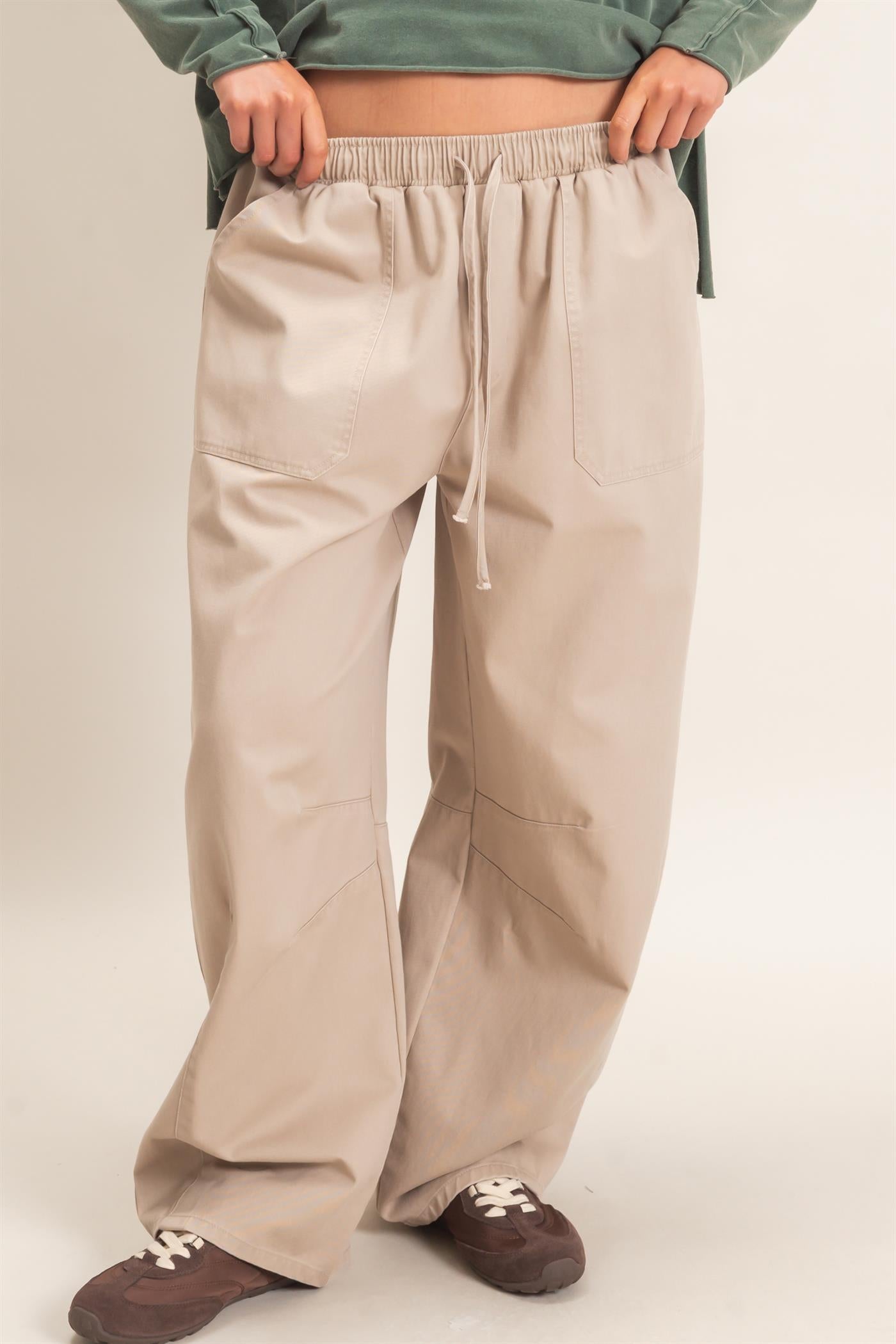 Wholesale Twill Elastic Waist Barrel Pants Pants DZ27A228 BEIGE DOUBLE ZERO
