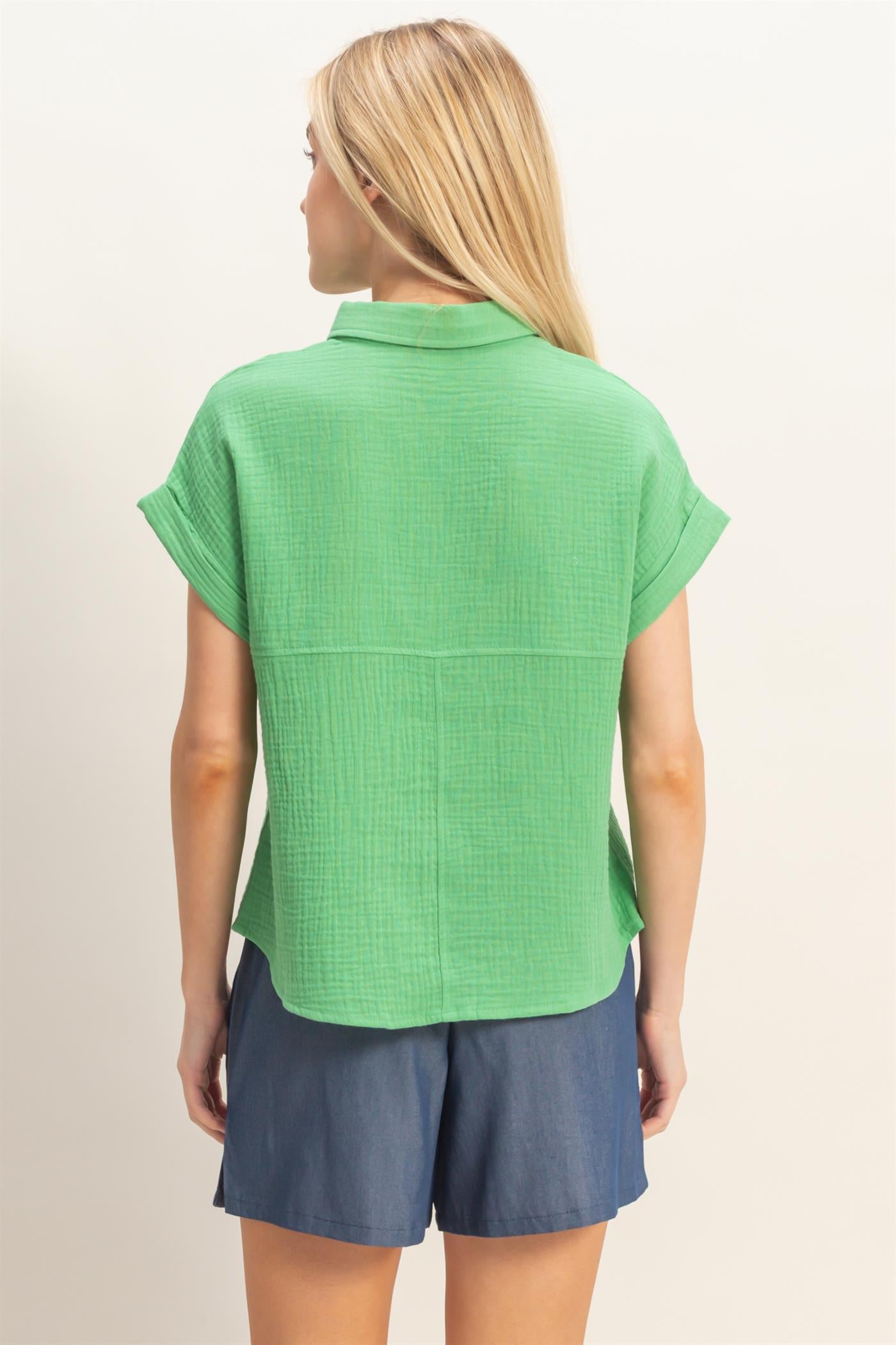 Wholesale Rolled Sleeve Button-Up Top Clothing Tops HF26E526 GREEN HYFVE