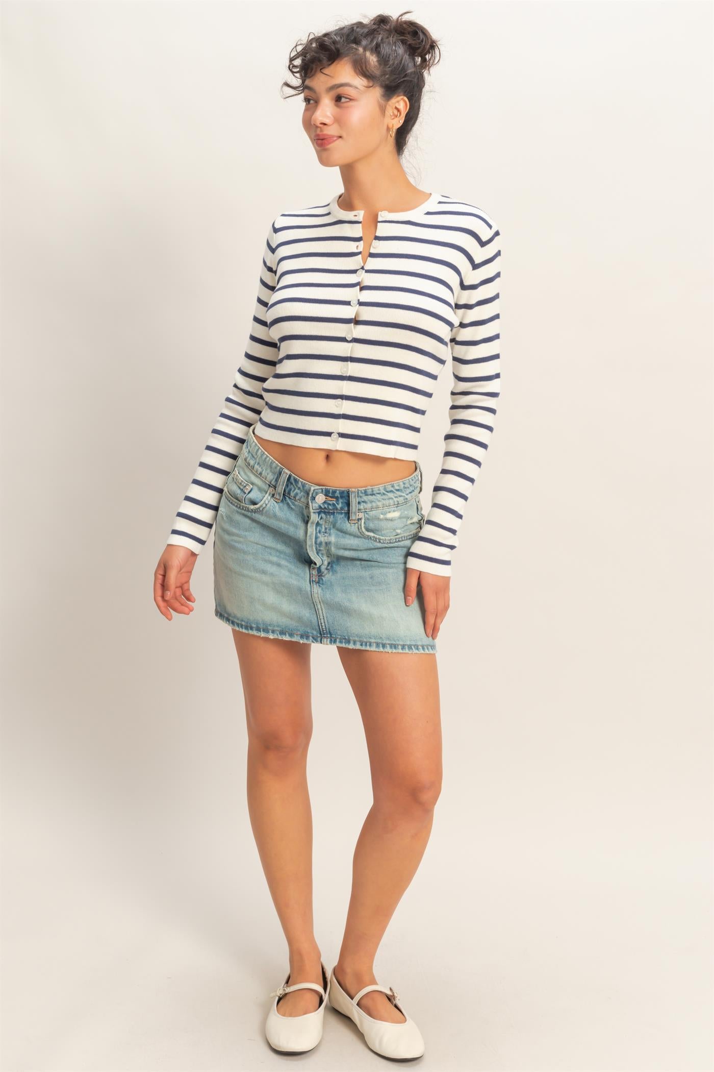 Wholesale Striped Button-Up Cardigan Cardigans DZ26C166 NAVY DOUBLE ZERO