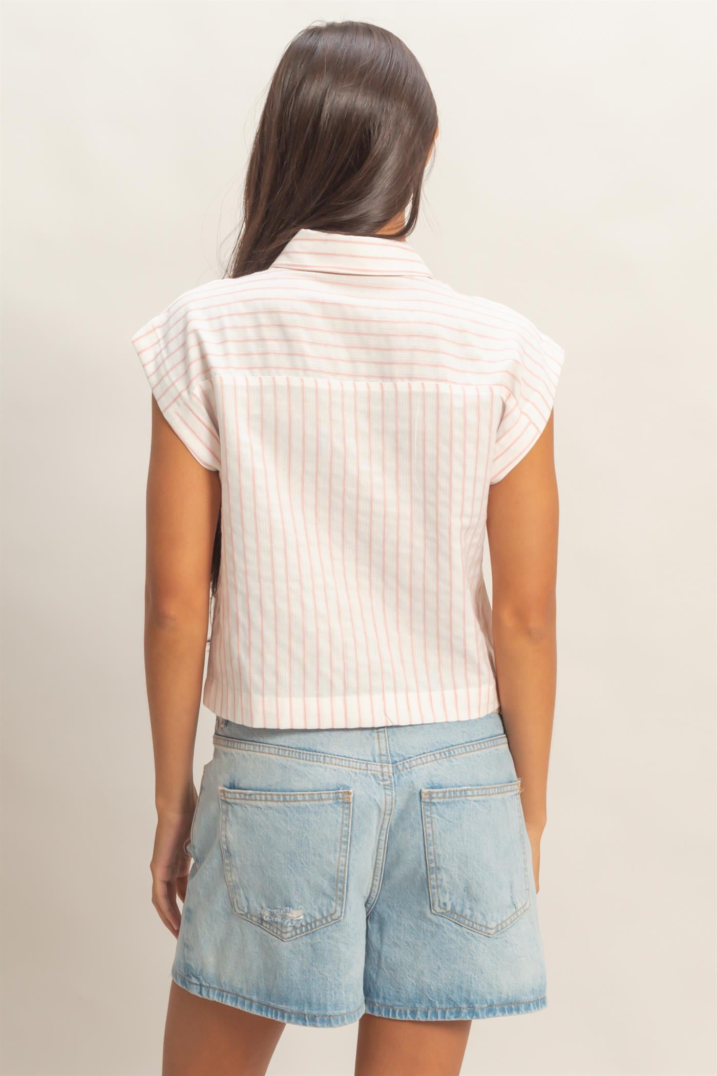 Wholesale Striped Sleeveless Button-Up Shirt Clothing Tops DZ26A206 PINK DOUBLE ZERO