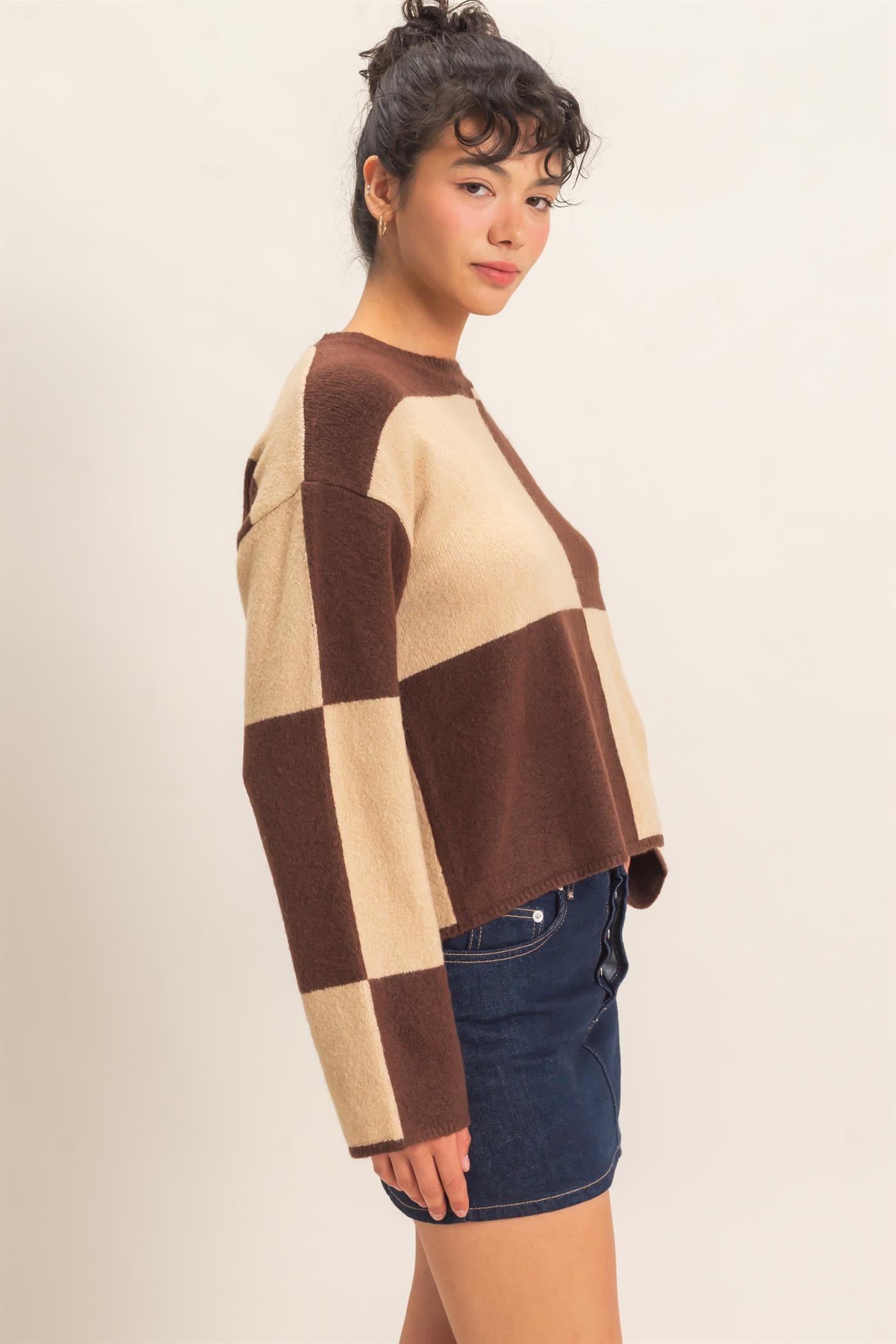 Wholesale Crew Neck Checkered Sweater Sweaters DZ26C980 DARK BROWN DOUBLE ZERO